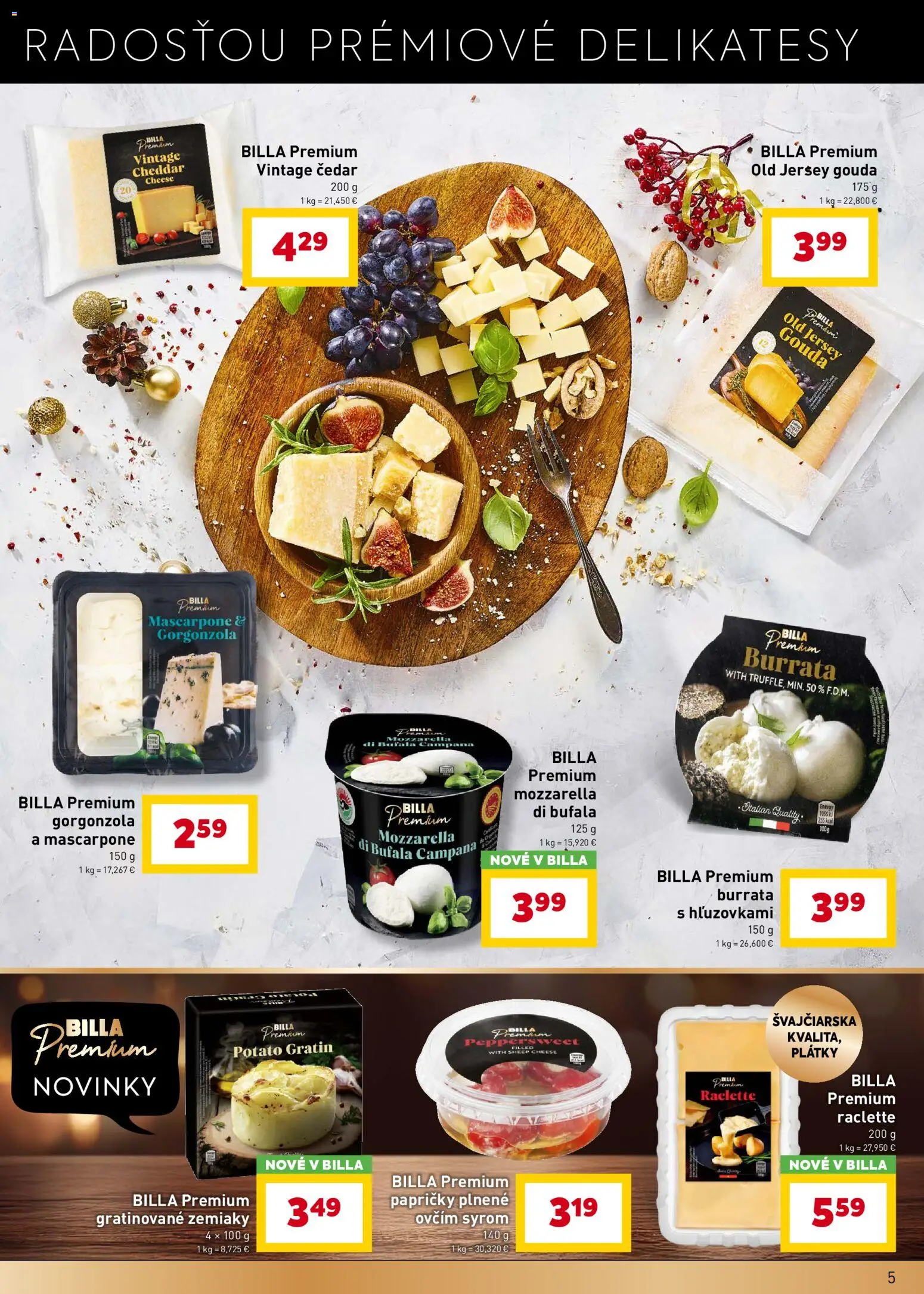 Nové Billa akcie – leták je platný od 19.11.2025 | Strana: 5 | Produkty: Gouda, Mozzarella, Zemiaky, Mascarpone