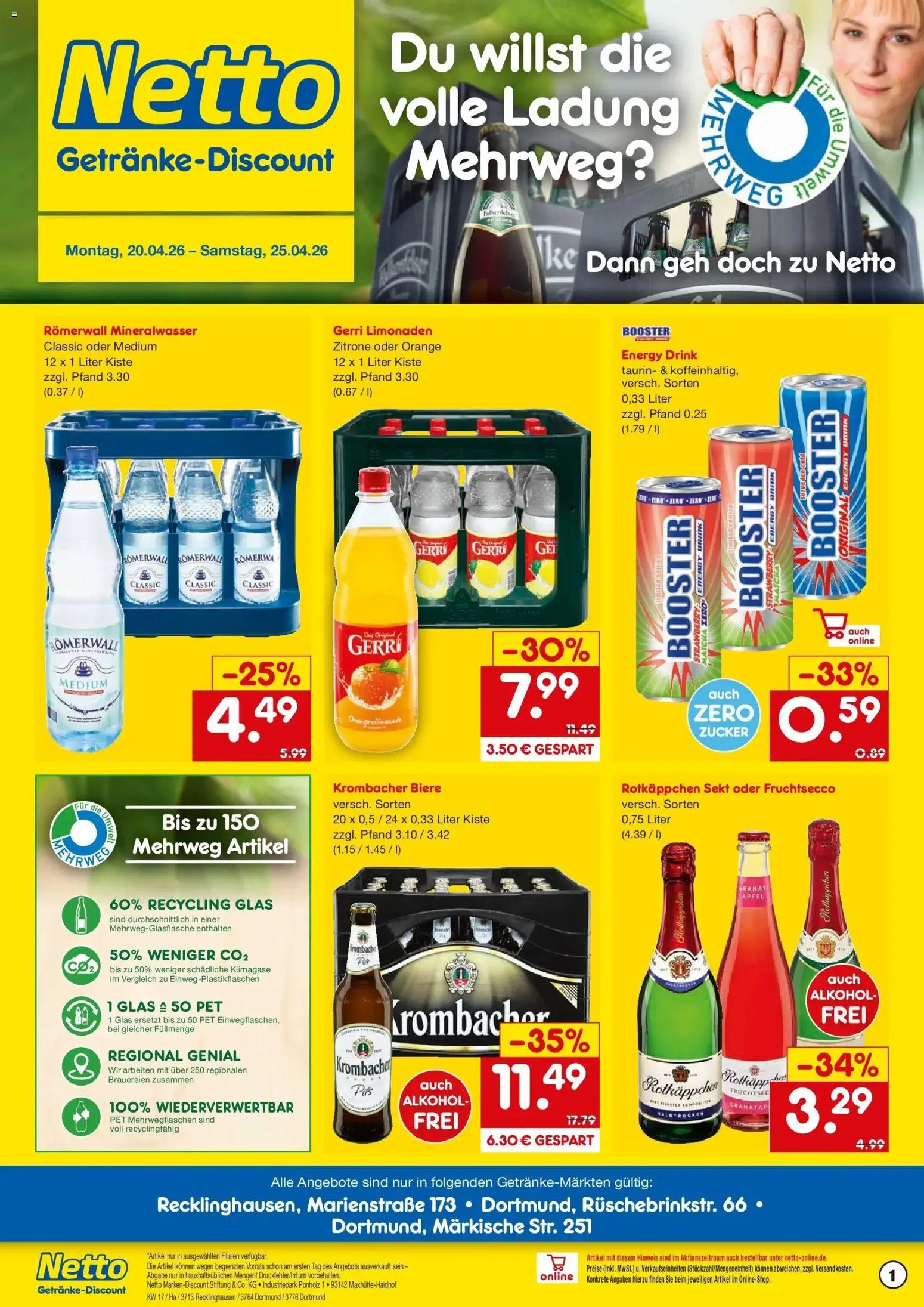 Netto Marken-Discount Prospekt Dortmund	 – gültig ab 20.04.2026 | Seite: 1 | Produkte: Energy, Zucker, Zitrone, Krombacher