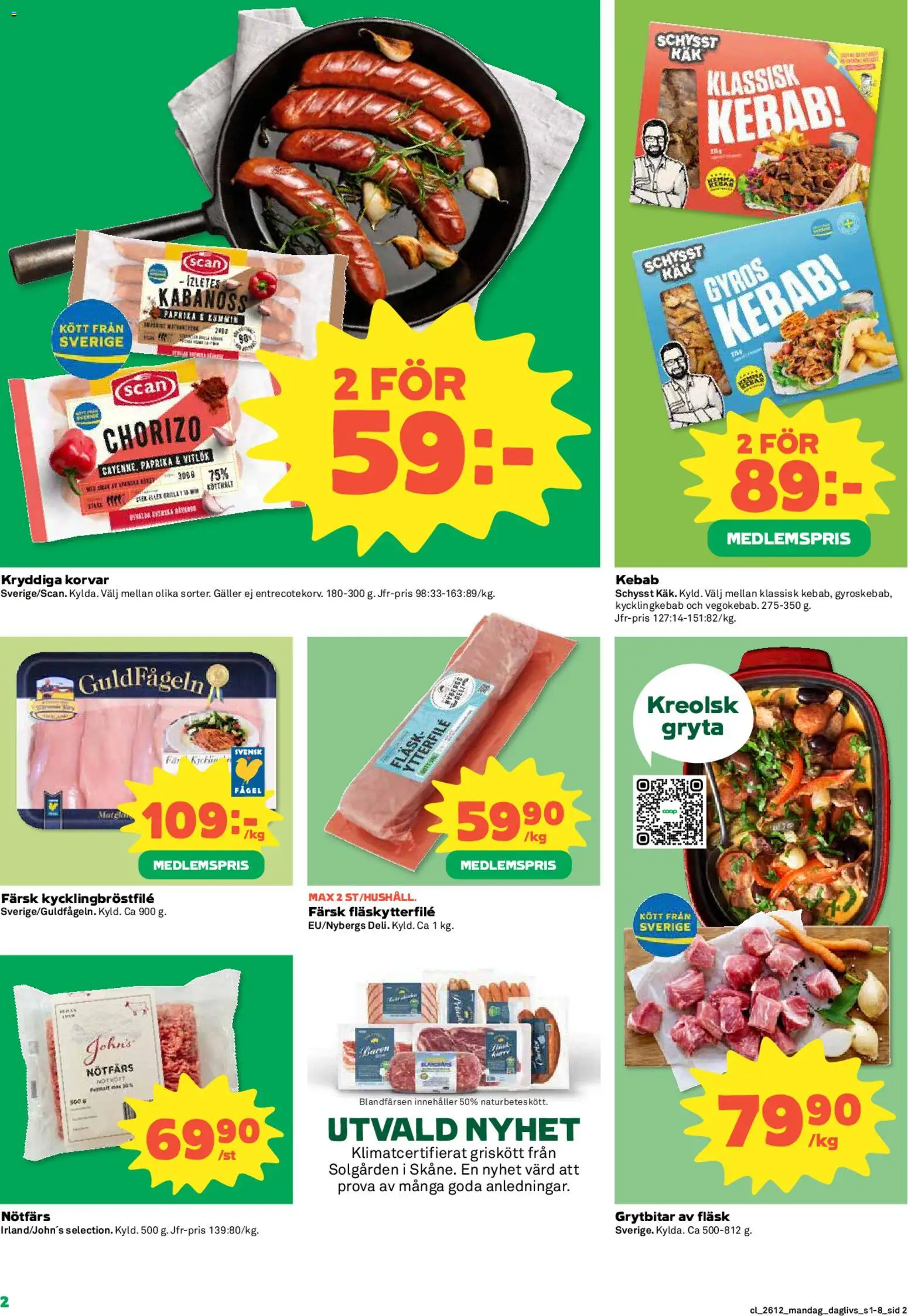 Coop Daglivs reklamblad aktuell från 16.03.2026 | Sida: 2 | Produkter: Nötfärs, Galler, Fläskytterfilé, Fläsk