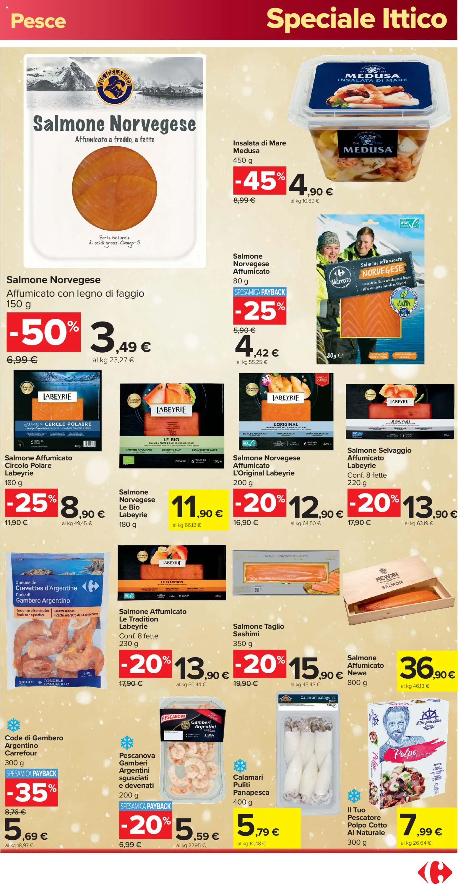 Volantino Carrefour del 16.12.2025 | Pagina: 19 | Prodotti: Salmone affumicato, Salmone, Insalata, Calamari