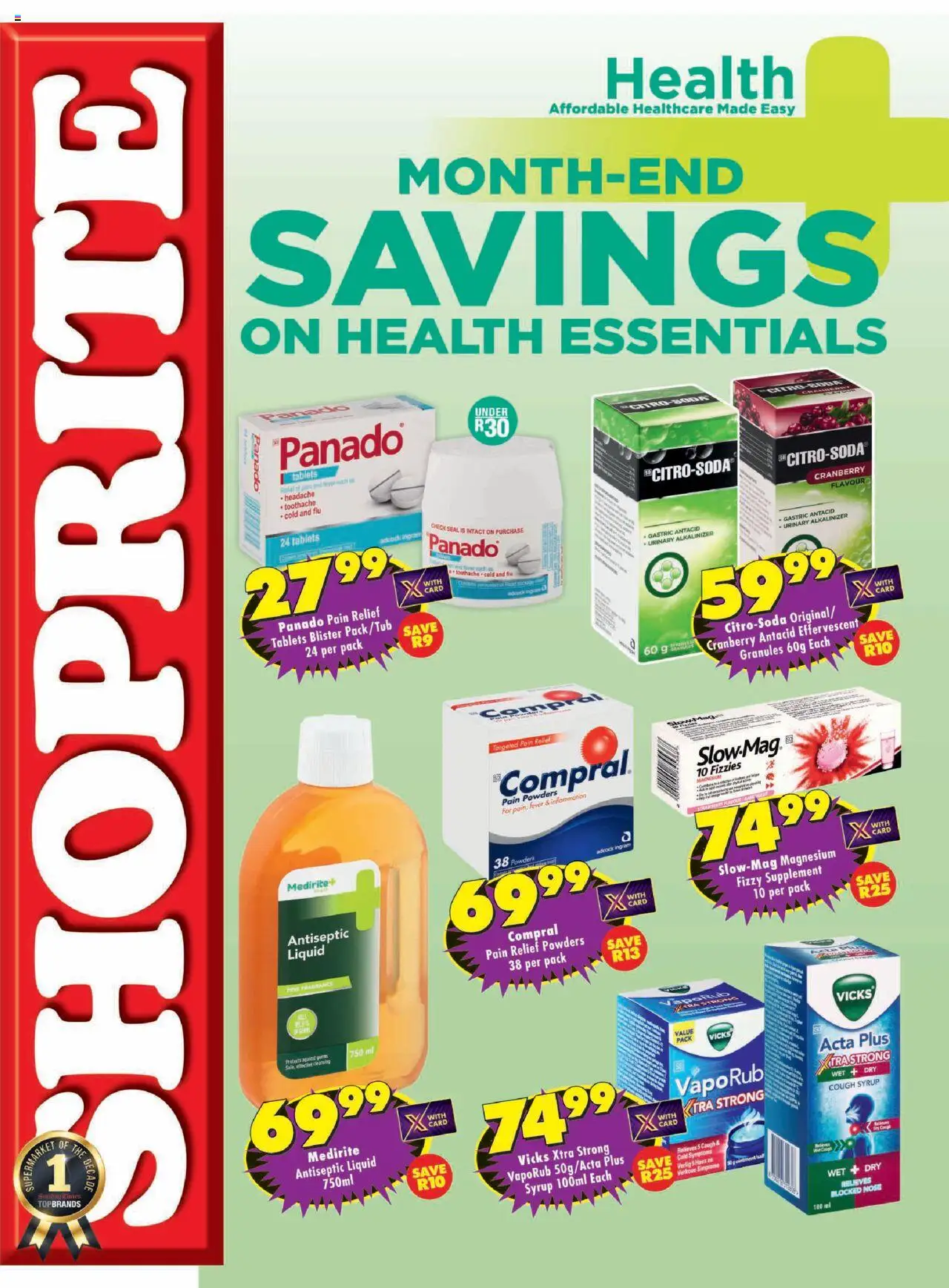 Shoprite - Medirite Month End Savings  │ valid from 25.08.2025 | Page: 1 | Products: Antiseptic liquid, Cough syrup, Fragrance, Syrup
