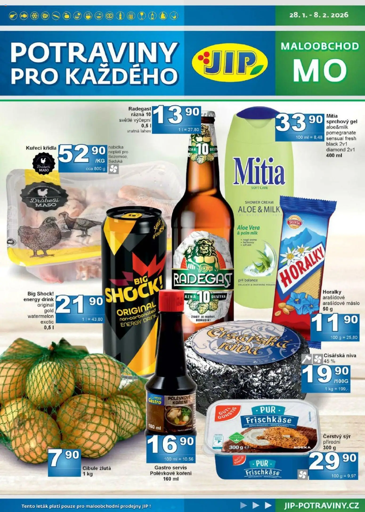 Jip leták od 28.01.2026 | Strana: 1 | Produkty: Radegast, Aloe vera, Maso, Energy drink