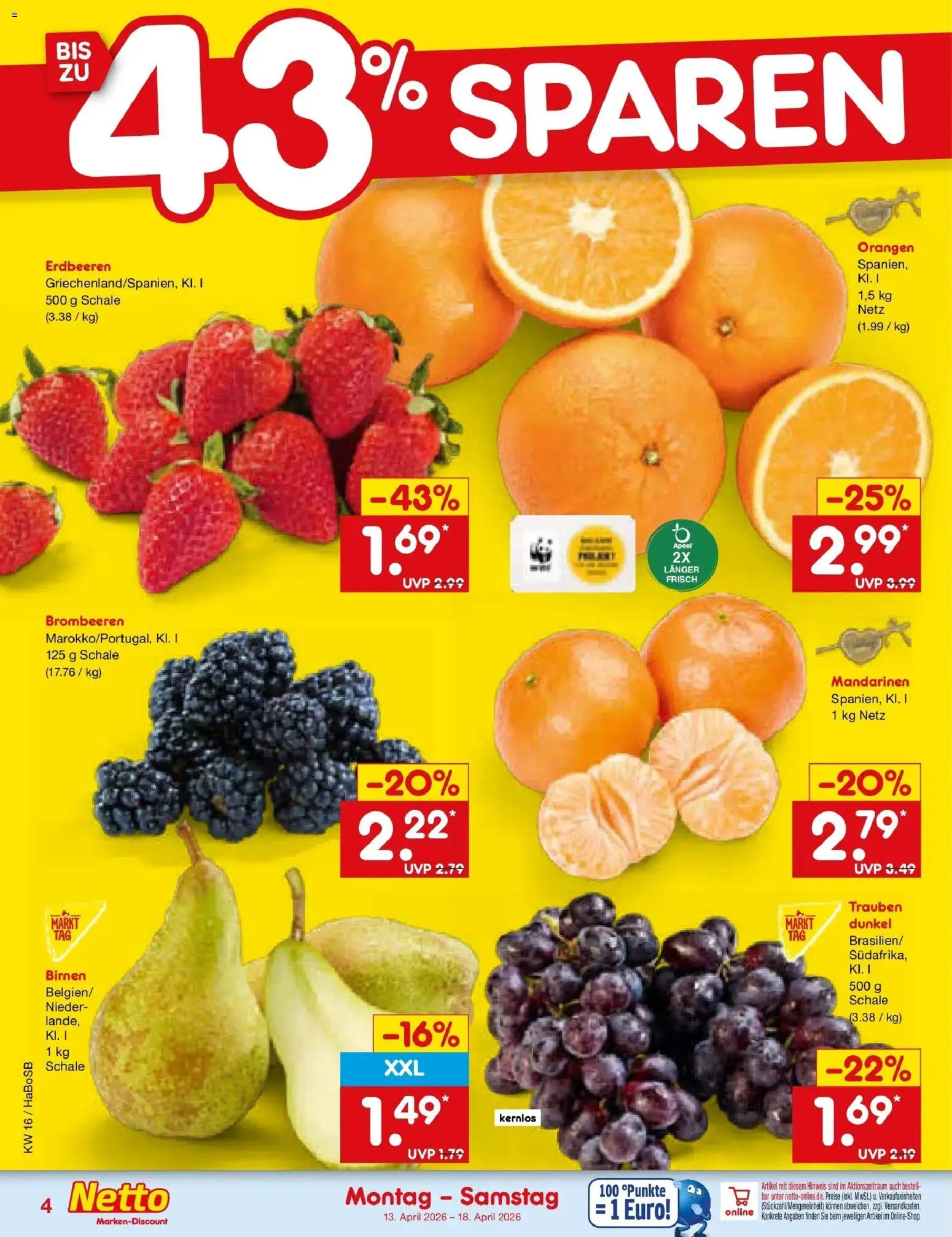 Netto Marken-Discount Prospekt Stadtlohn	 – gültig ab 13.04.2026 | Seite: 2 | Produkte: Trauben, Mandarinen, Orangen, Erdbeeren