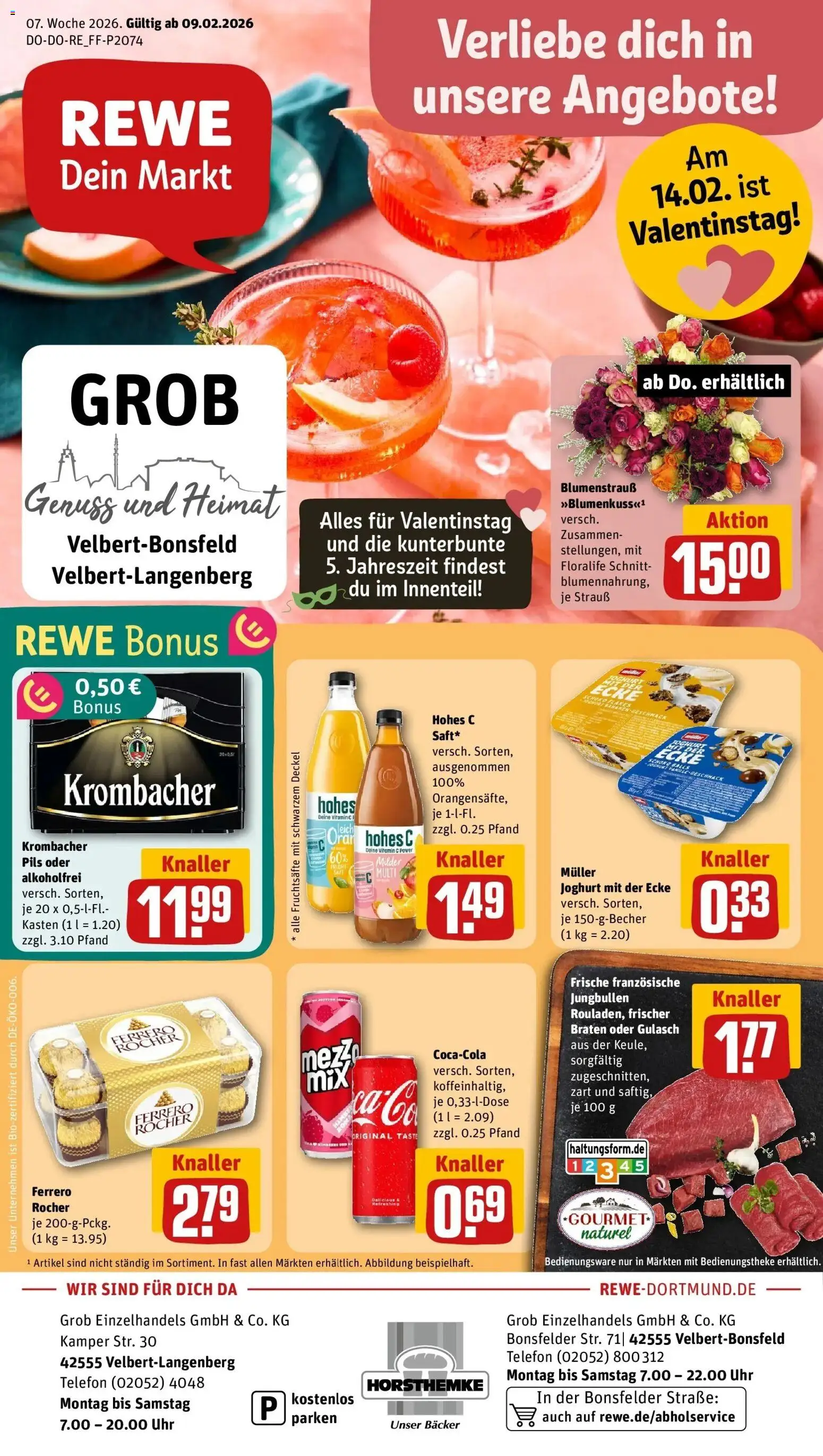 Rewe prospekt Velbert	 – gültig ab 09.02.2026 | Seite: 1 | Produkte: Shirt, Gulasch, Krombacher, Hohes c