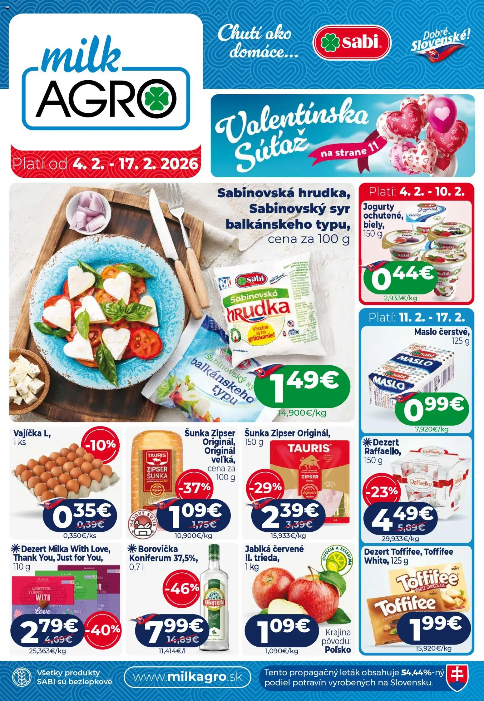 Nové Milk Agro akcie – leták je platný od 04.02.2026 | Strana: 1 | Produkty: Syr, Koniferum, Toffifee, Milka