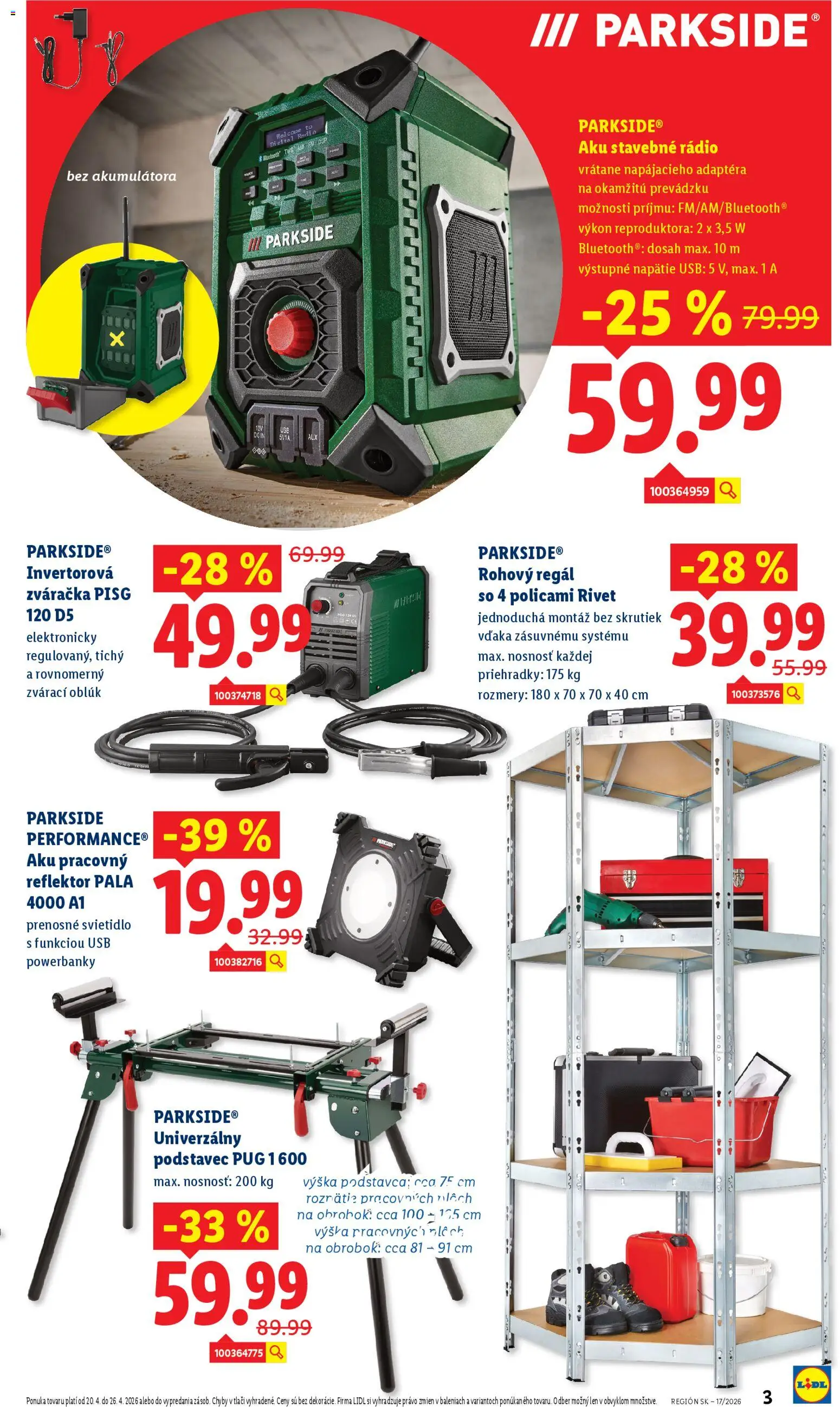 Nové Lidl akcie – leták je platný od 20.04.2026 | Strana: 3 | Produkty: Reflektor, Regál, Rohový regál, Zváračka