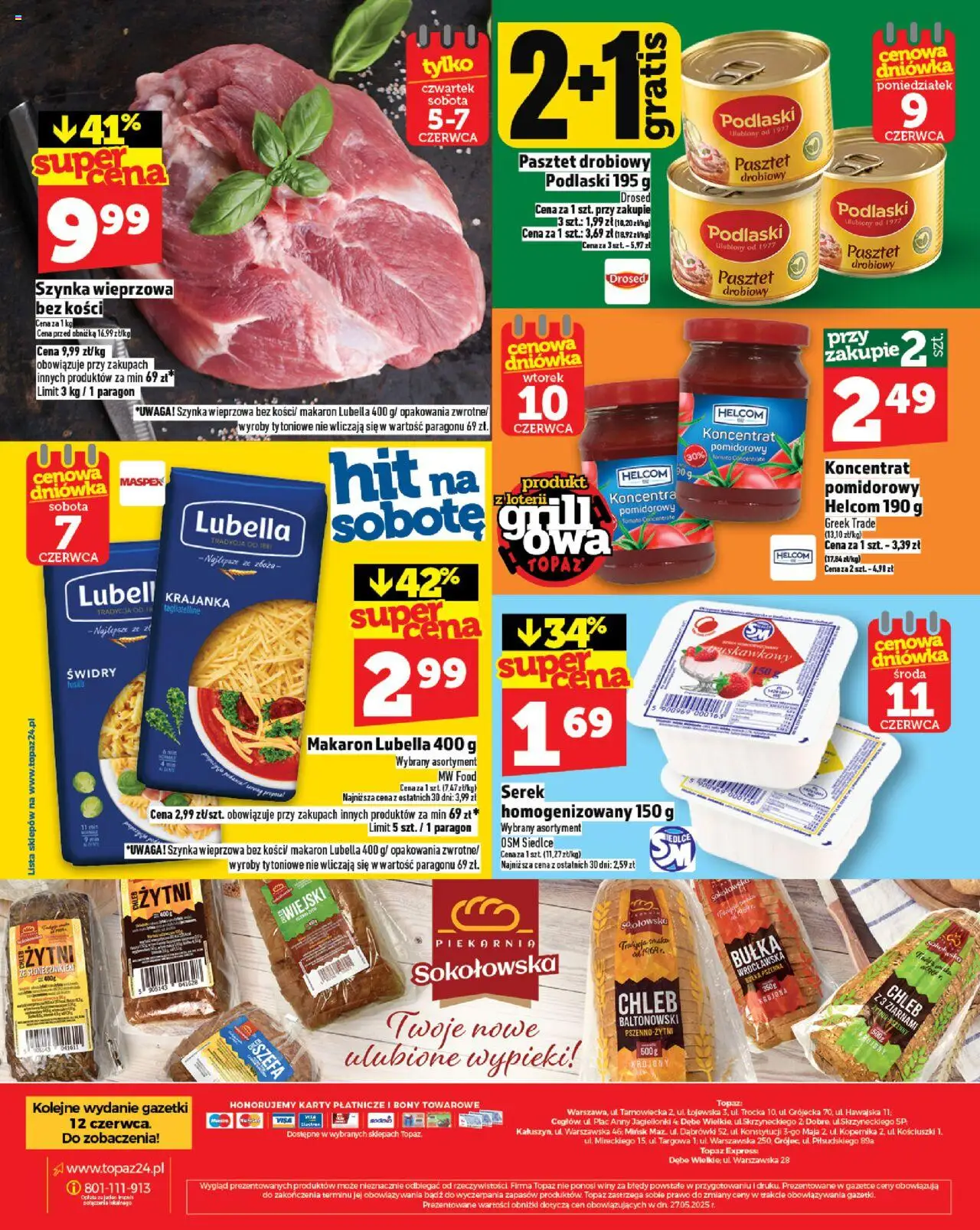 Topaz Gazetka MAZ od 05.06.2025 | Strona: 28 | Produkty: Serek, Szynka wieprzowa, Chleb, Makaron