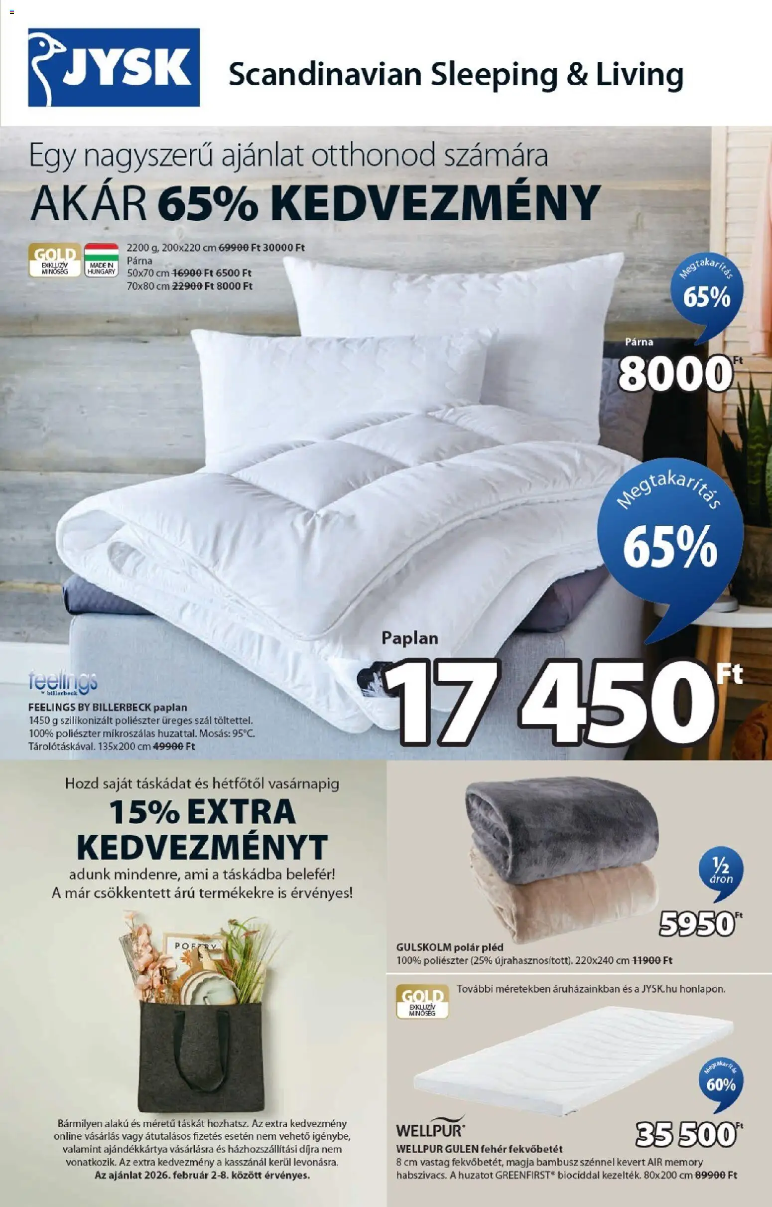 JYSK akciós ujság - amely érvényes a következő dátumtól: 02.02.2026 | Oldal: 1 | Termékek: Paplan, Párna, Pléd