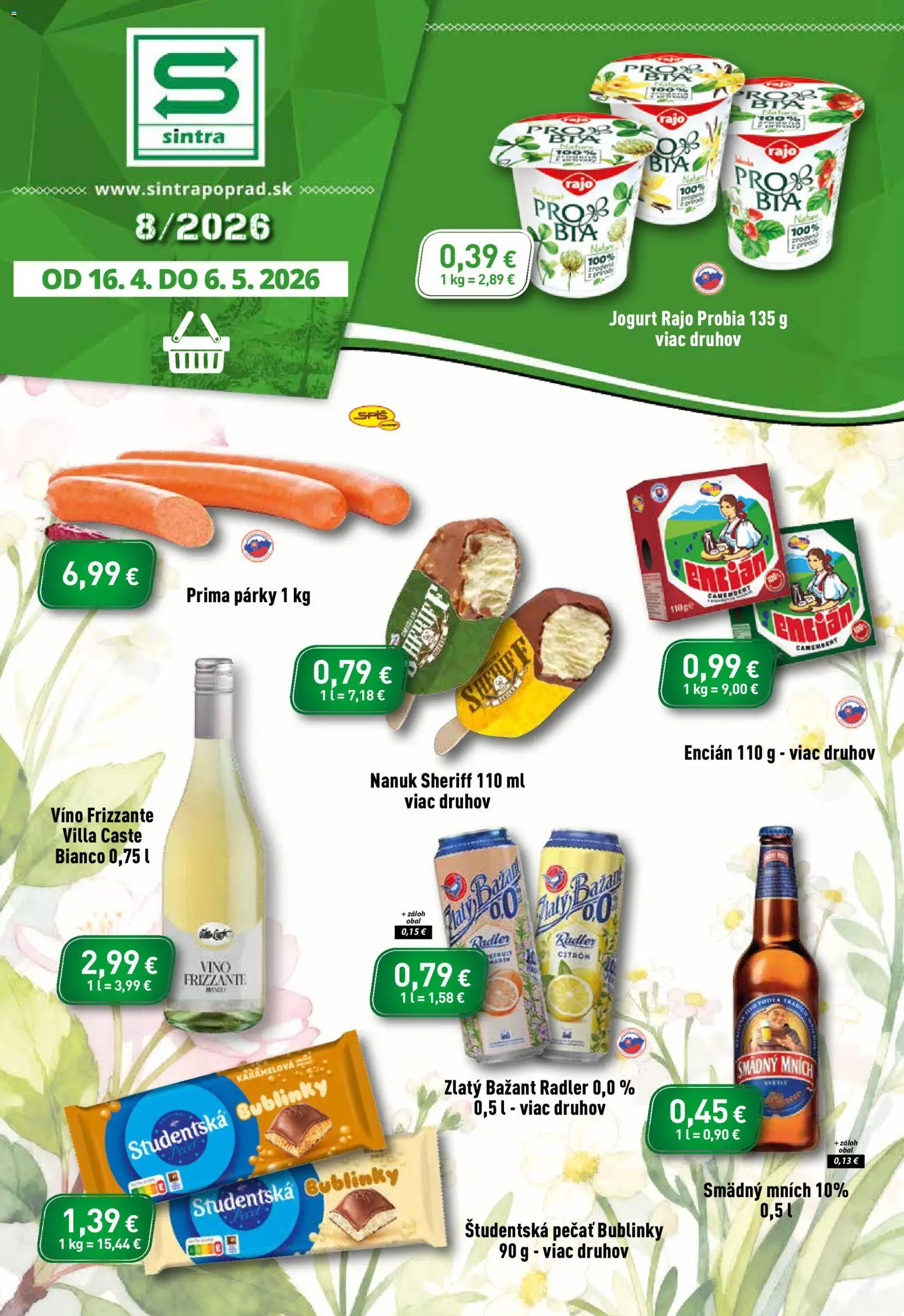 Nové Sintra akcie – leták je platný od 16.04.2026 | Strana: 1 | Produkty: Nanuk, Smädný Mních, Encián, Párky