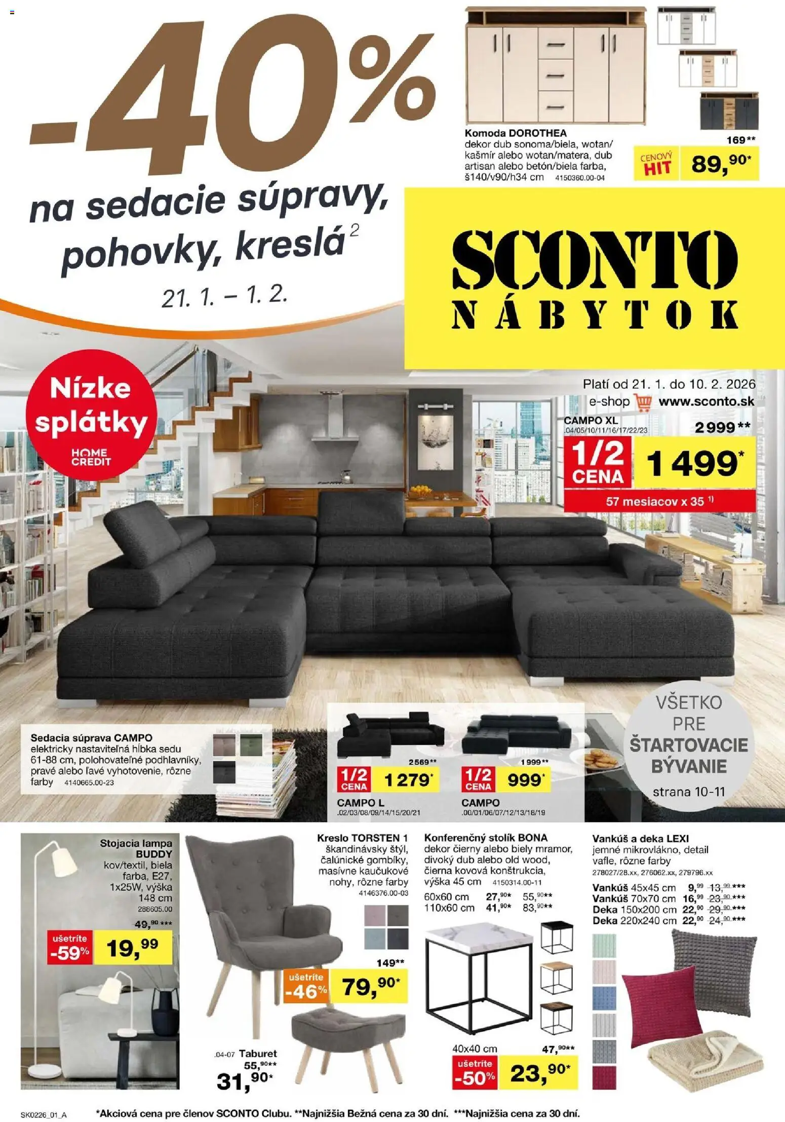 Nové Sconto nábytok akcie – leták je platný od 21.01.2026 | Strana: 1 | Produkty: Nábytok, Sedacia súprava, Vankúš, Lampa
