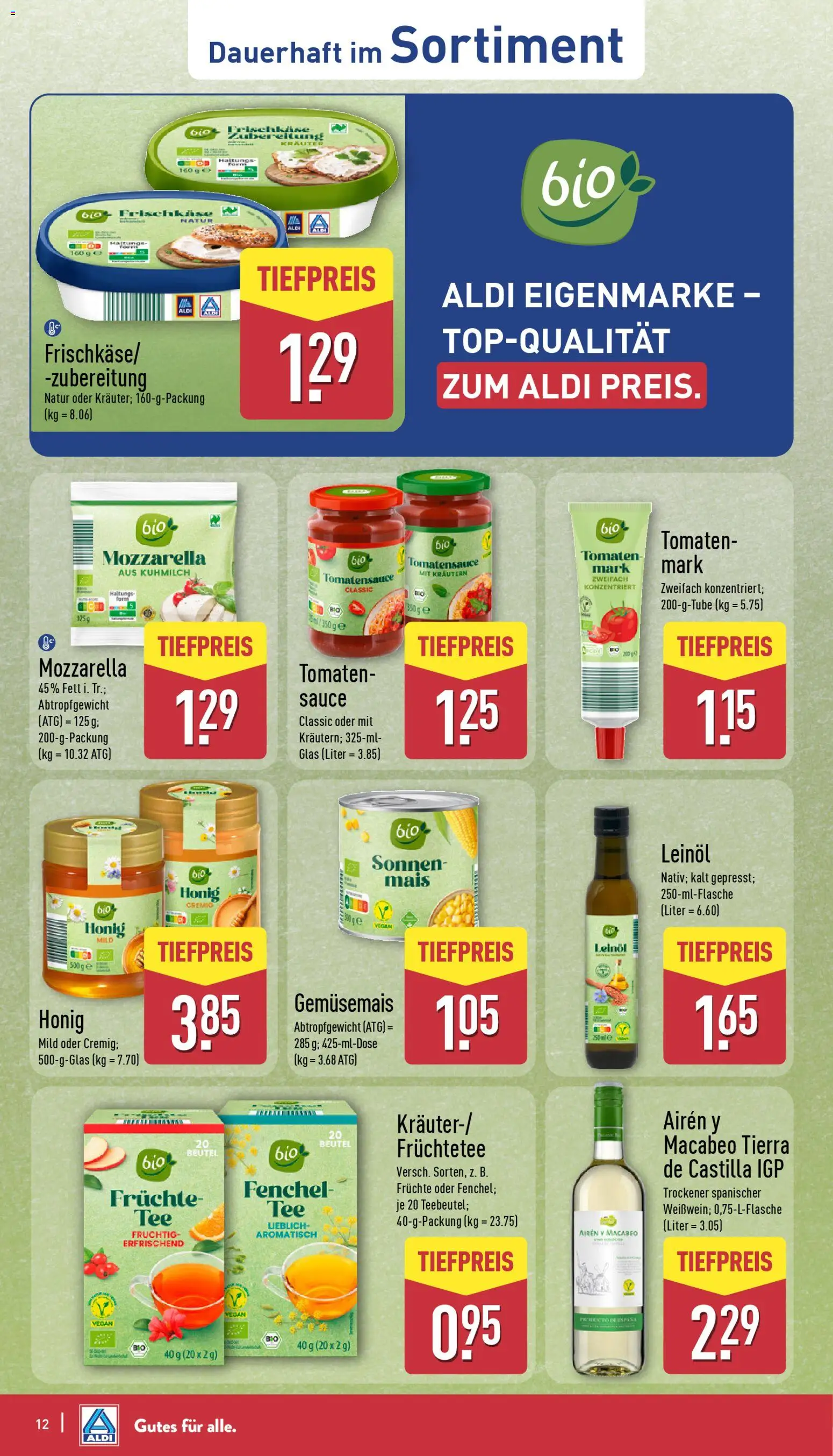 Aldi Prospekt 	 – gültig ab 05.01.2026 | Seite: 12 | Produkte: Leinöl, Mozzarella, Tomaten, Frischkase