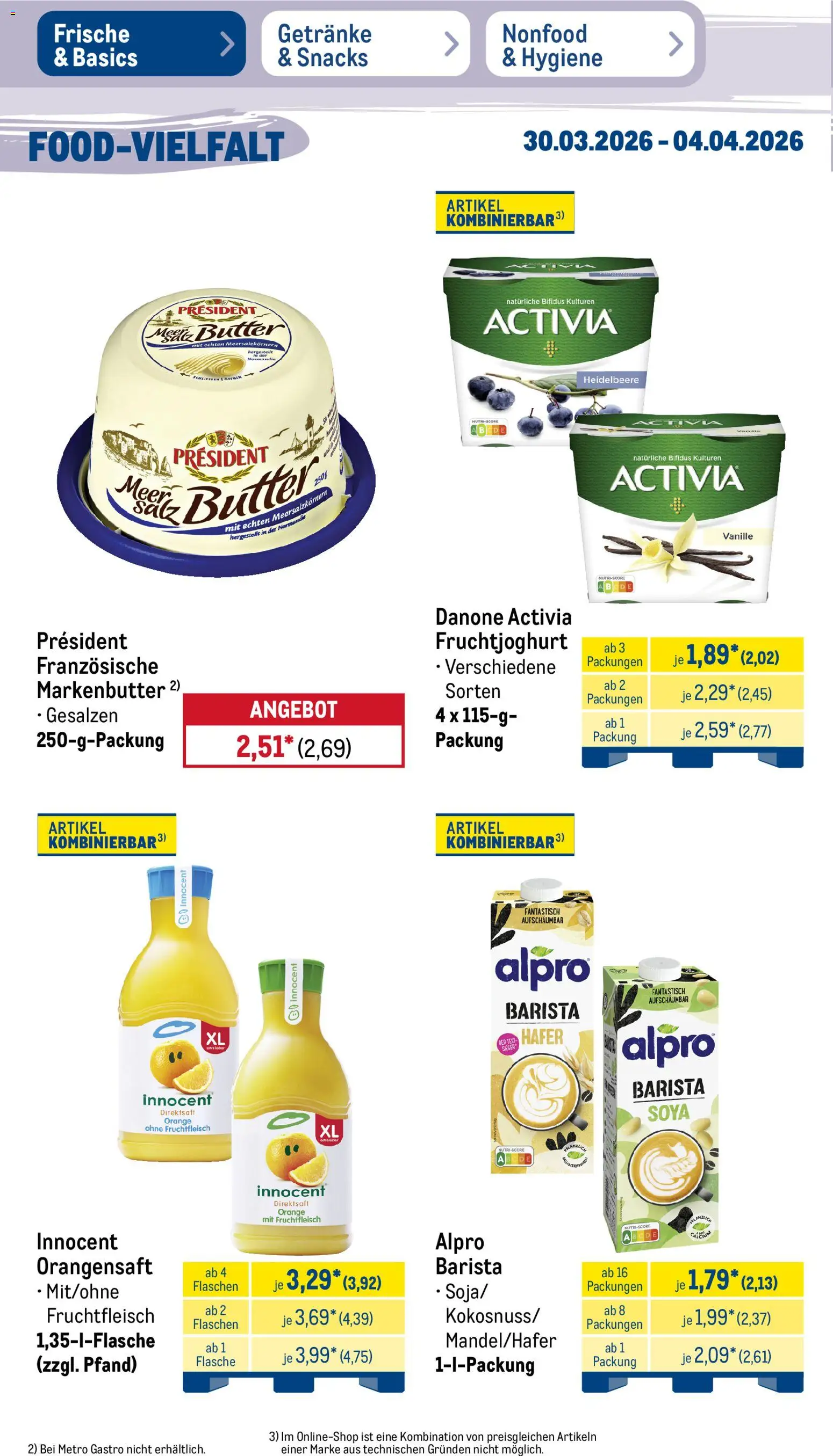 Metro Prospekt 	 – gültig ab 30.03.2026 | Seite: 16 | Produkte: Danone activia, Butter, Orangensaft, Alpro