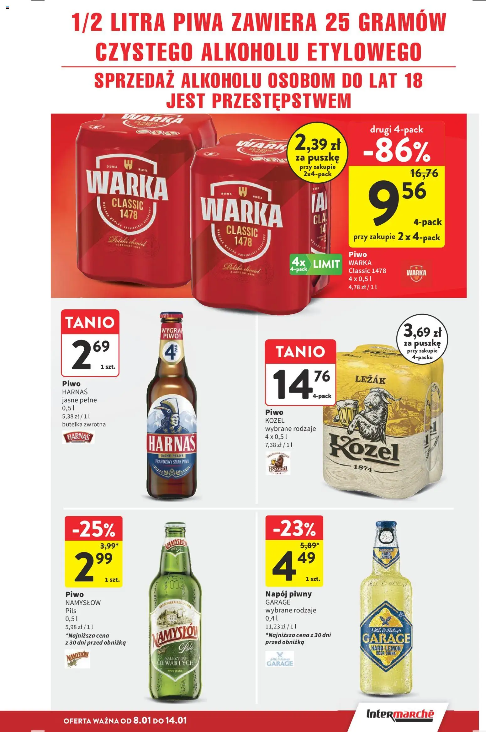 Intermarche Gazetka od 08.01.2026 | Strona: 33 | Produkty: Leżak, Warka, Harnaś, Piwo