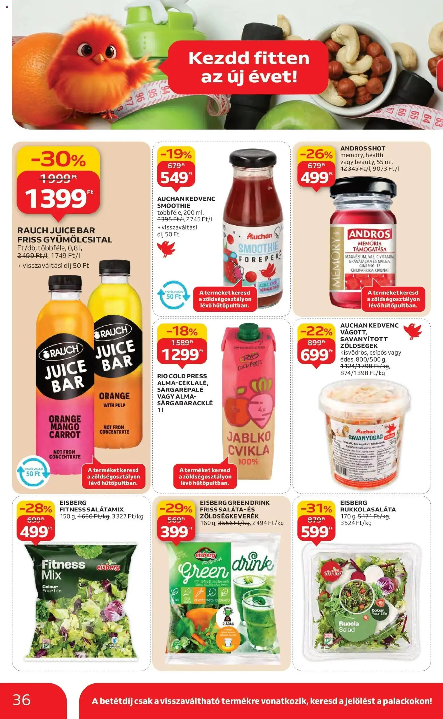 Auchan akciós ujság - amely érvényes a következő dátumtól: 22.01.2026 | Oldal: 36 | Termékek: Zöldségkeverék, Gyümölcsital, Saláta, Mangó