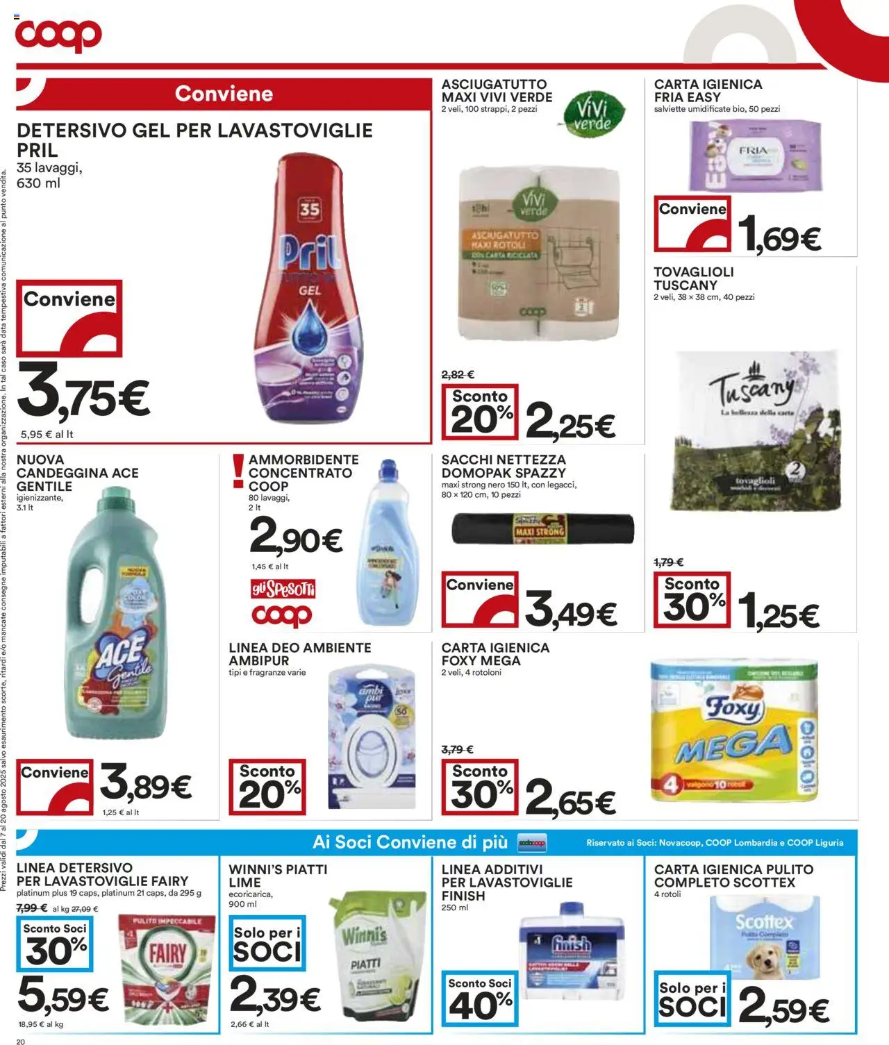 Volantino COOP del 07.08.2025 | Pagina: 20 | Prodotti: Candeggina, Lime, Lavastoviglie, Asciugatutto