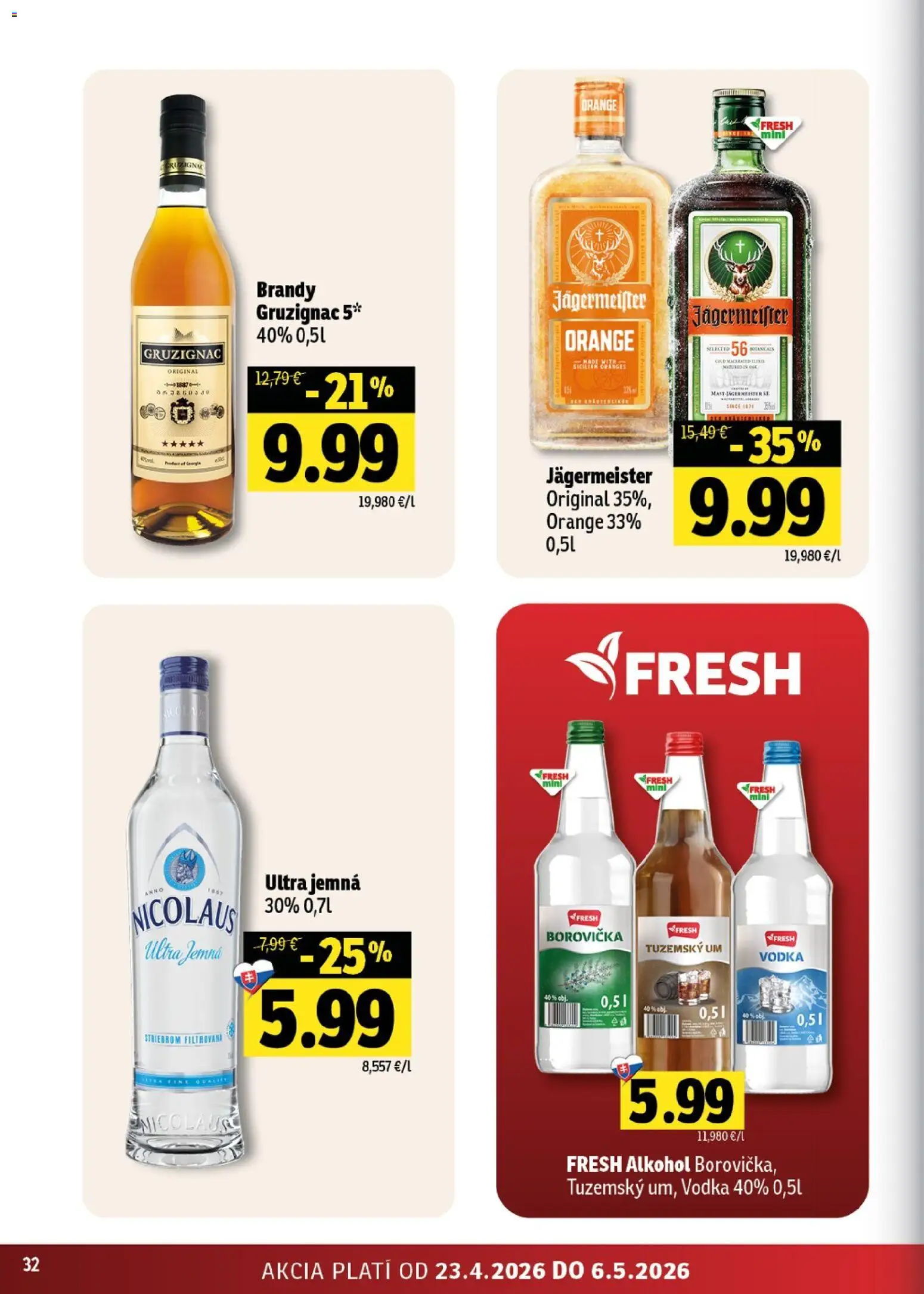Nové Fresh akcie – leták je platný od 23.04.2026 | Strana: 32 | Produkty: Jägermeister, Brandy, Vodka, Alkohol
