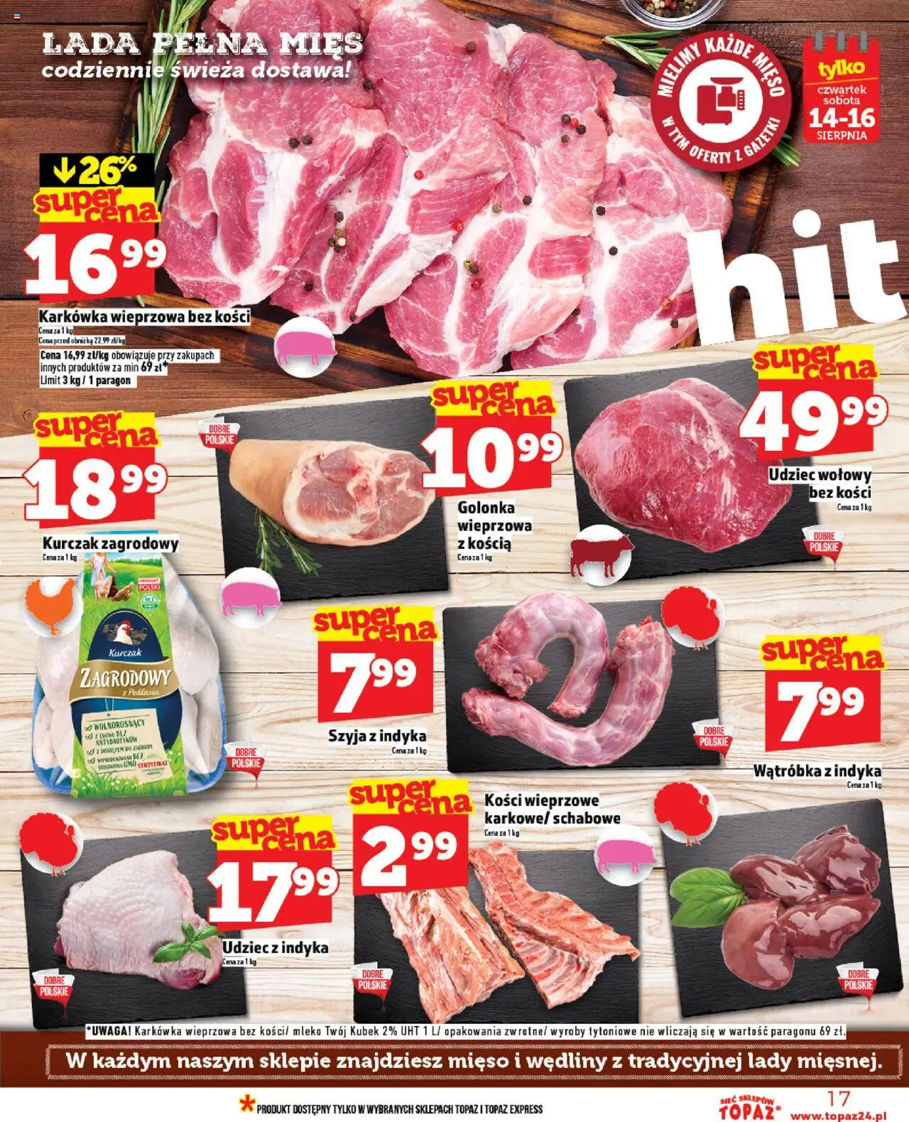 Topaz Gazetka od 14.08.2025 | Strona: 17 | Produkty: Kurczak, Karkówka wieprzowa, Mleko, Wędliny