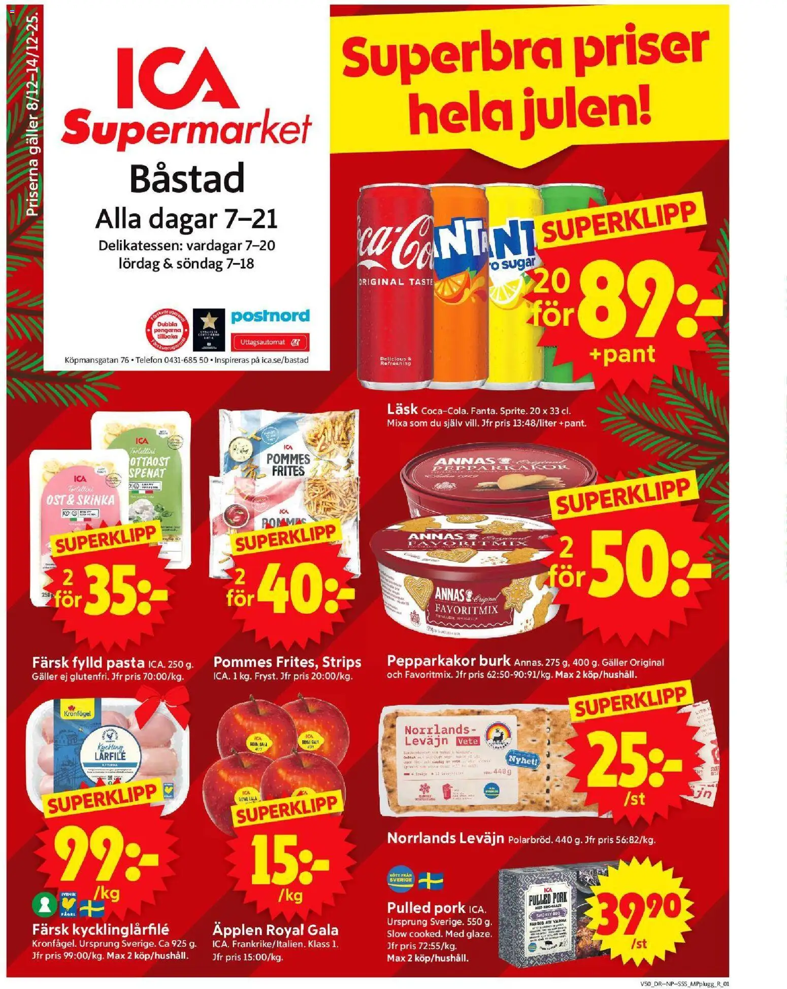 ICA Supermarket reklamblad aktuell från 08.12.2025 | Sida: 1 | Produkter: Galler, Spenat, Skinka, Pasta