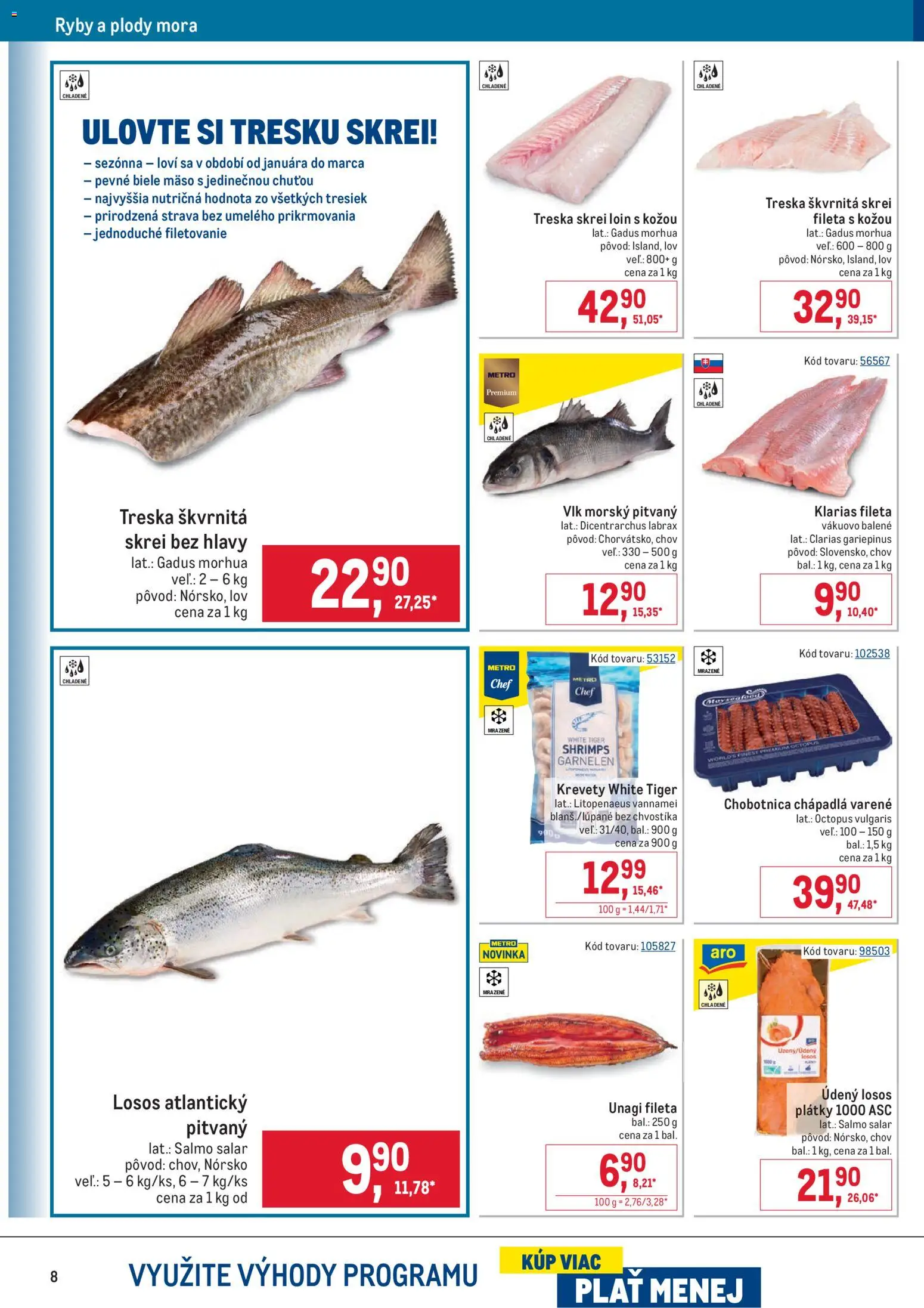 Nové Metro akcie – leták je platný od 28.01.2026 | Strana: 8 | Produkty: Krevety, Ryby, Losos, Treska