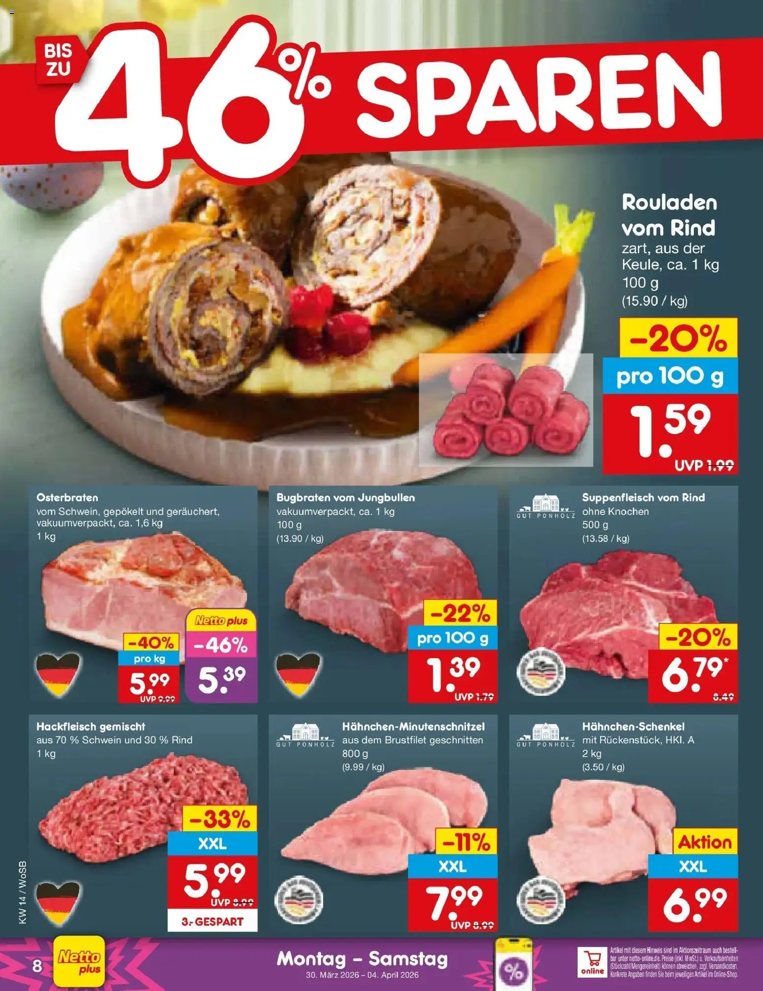 Netto Marken-Discount Prospekt Michelstadt	 – gültig ab 30.03.2026 | Seite: 8 | Produkte: Hahnchenschenkel, Suppenfleisch, Hackfleisch