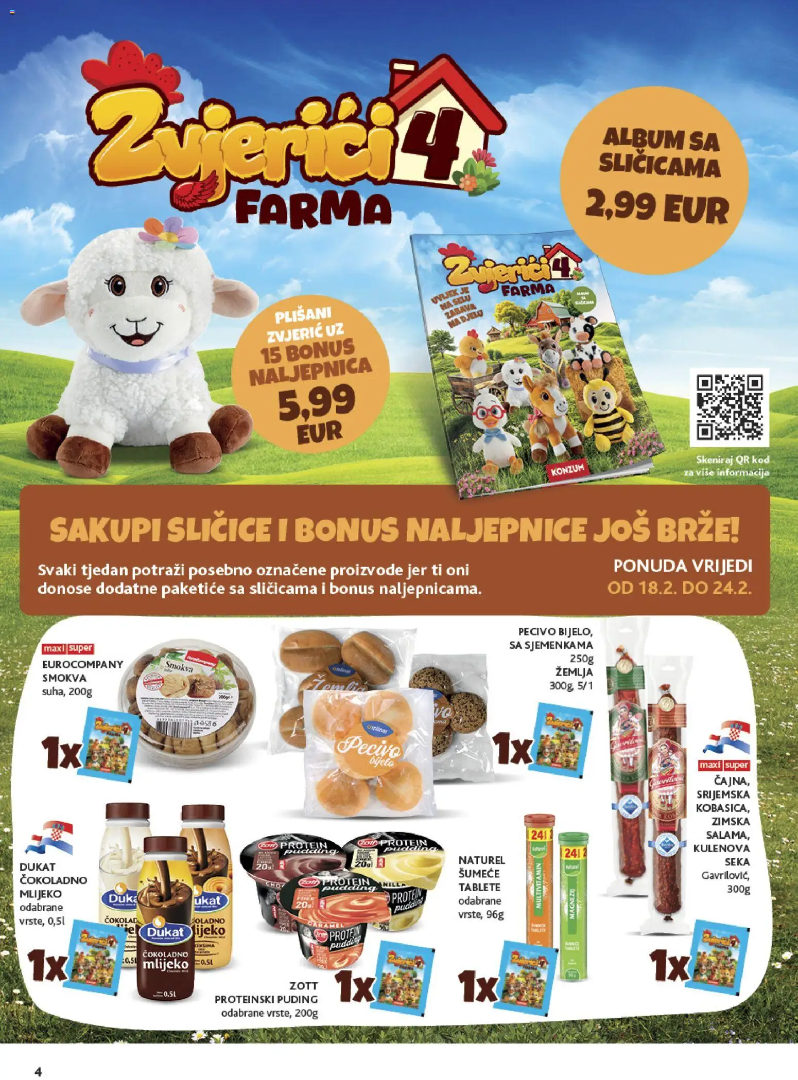 Konzum katalog | vrijedi od 18.02.2026 | Stranica: 4 | Proizvodi: Mlijeko, Puding, Šumeće tablete, Pecivo