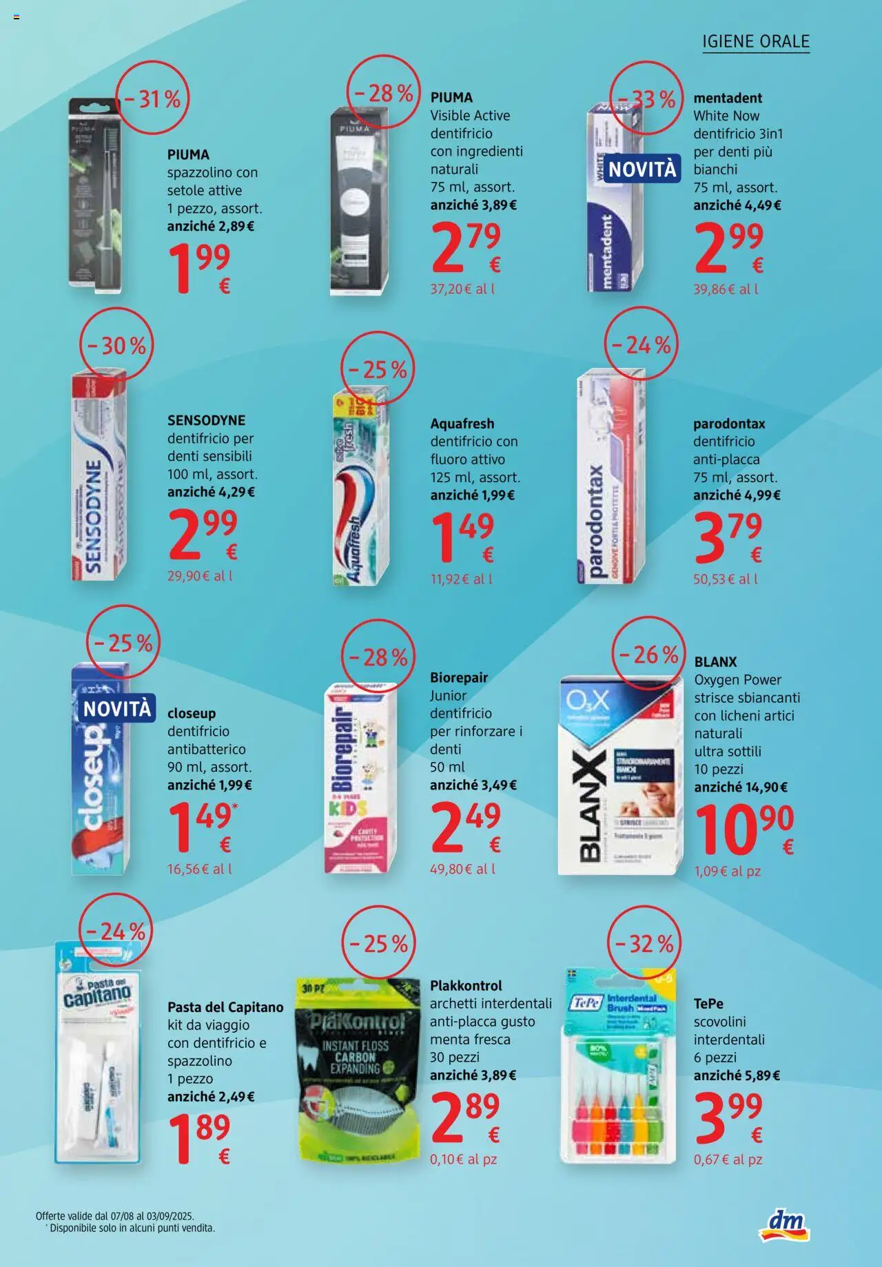 Volantino dm drogerie markt del 07.08.2025 | Pagina: 11 | Prodotti: Dentifricio, Spazzolino, Pasta, Menta