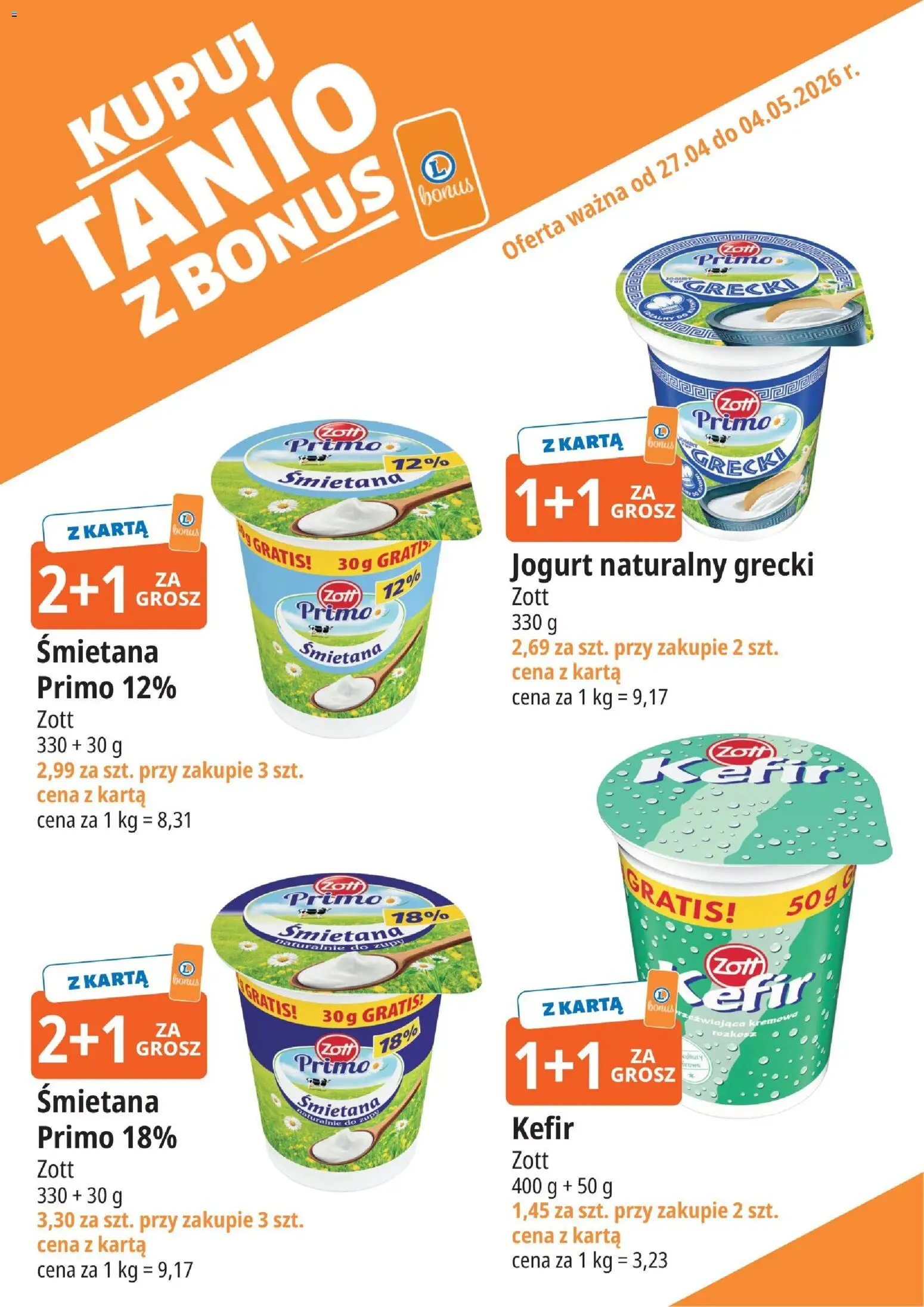 E.Leclerc gazetka - Elbląg kupony dodatkowe od 27.04.2026 | Strona: 1 | Produkty: Karta, Kefir, Jogurt naturalny, Jogurt