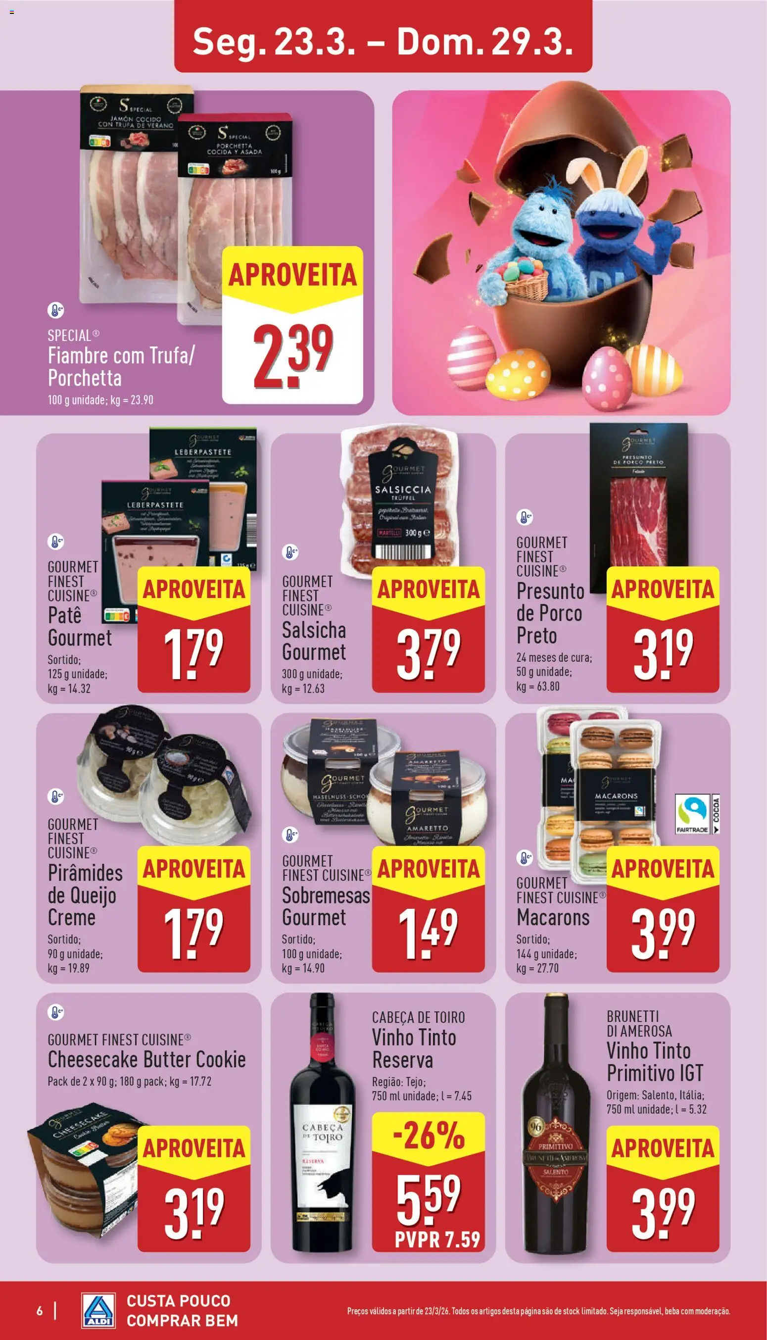 Aldi folheto │ válido de 23.03.2026 | Página: 6 | Produtos: Salsicha, Queijo, Vinho, Vinho tinto