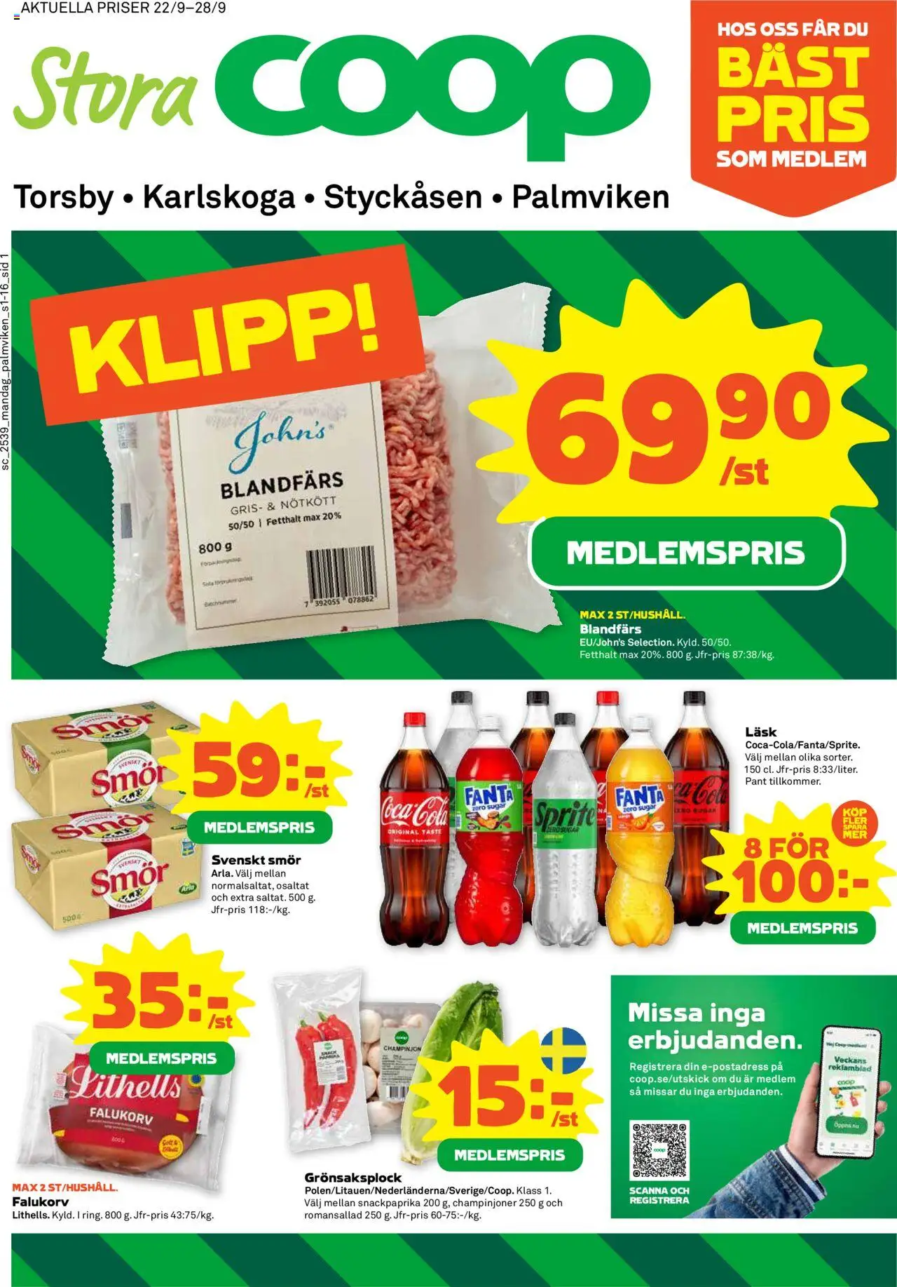 Stora Coop reklamblad aktuell från 22.09.2025 | Sida: 1 | Produkter: Falukorv, Sprite, Romansallad, Nötkött