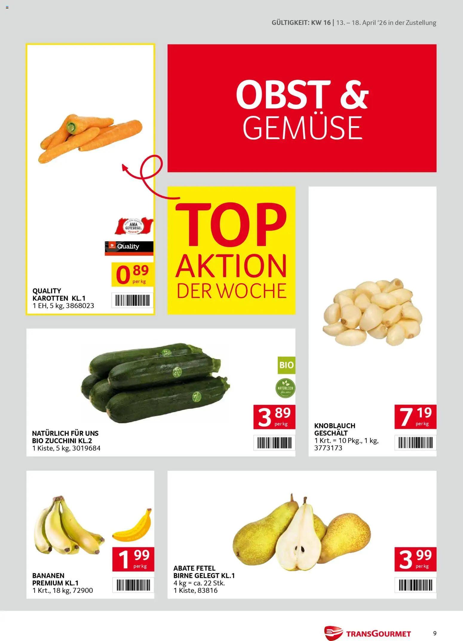 Transgourmet Zustellaktion gültig ab 13.04.2026 | Seite: 9 | Produkte: Gemüse, Obst, Knoblauch, Birne