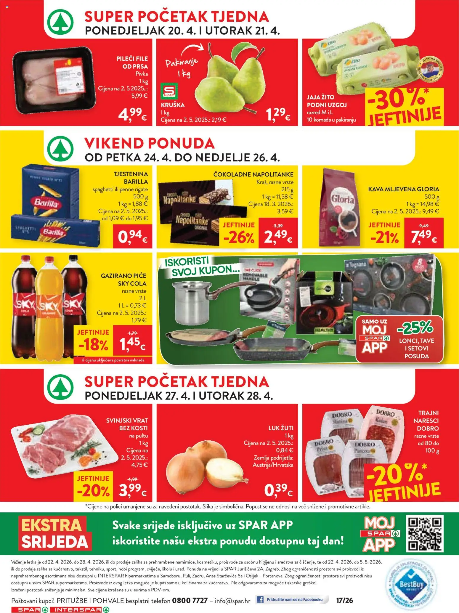 Spar katalog | vrijedi od 22.04.2026 | Stranica: 28 | Proizvodi: Svinjski vrat, Jaja, Pileći file, Kruška