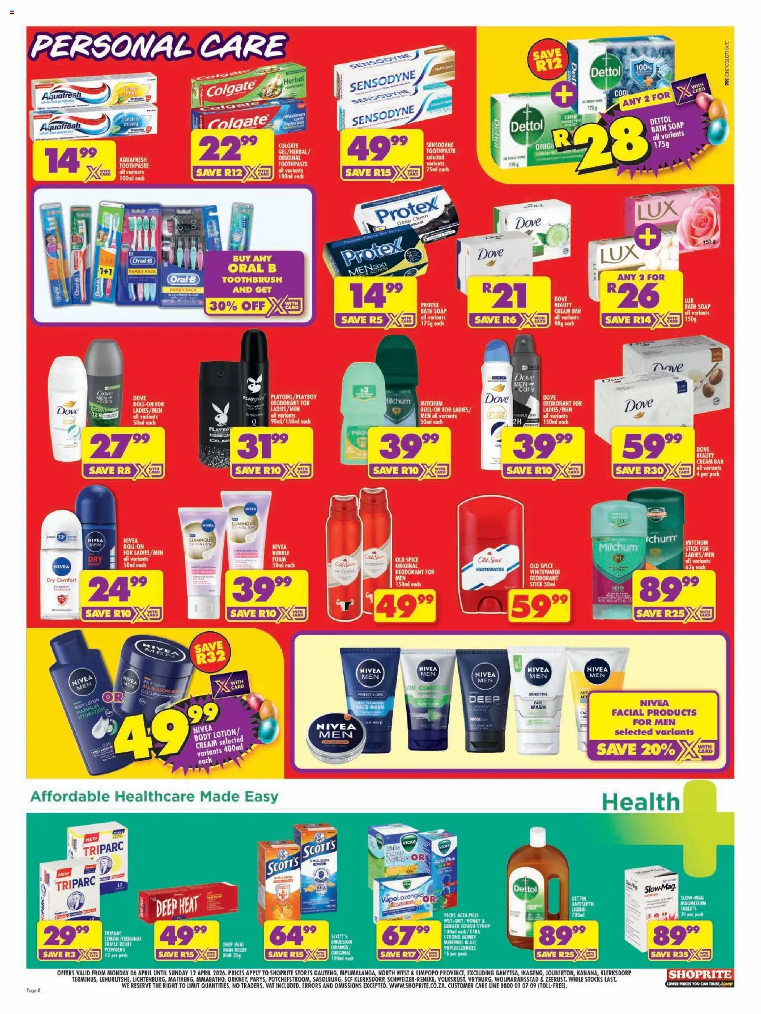 New Shoprite catalogue – valid from 06.04.2026 | Page: 8 | Products: Bath, Syrup, Soap, Foam