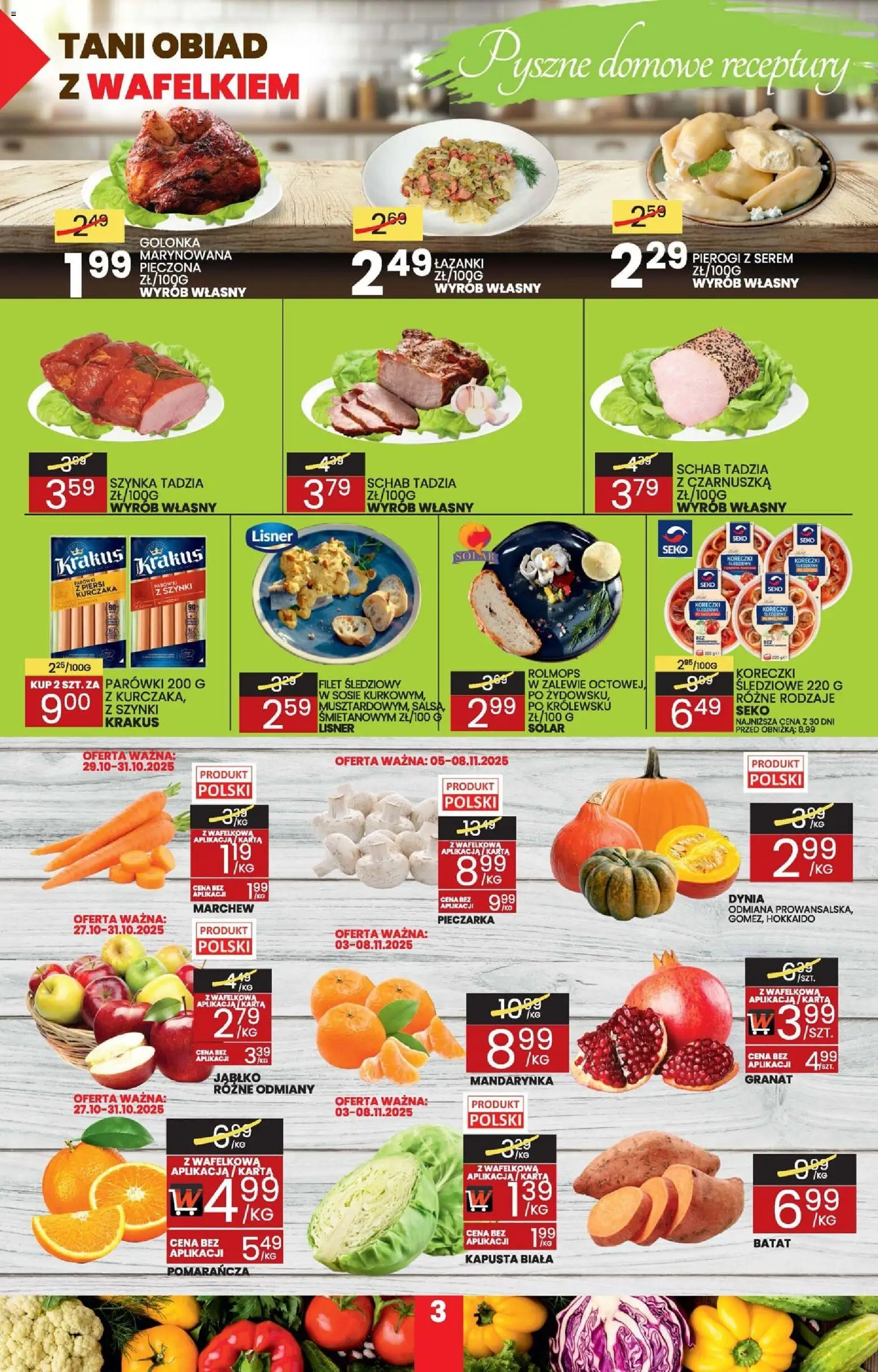 Wafelek Gazetka od 27.10.2025 | Strona: 3 | Produkty: Schab, Pierogi, Szynka, Kapusta biała