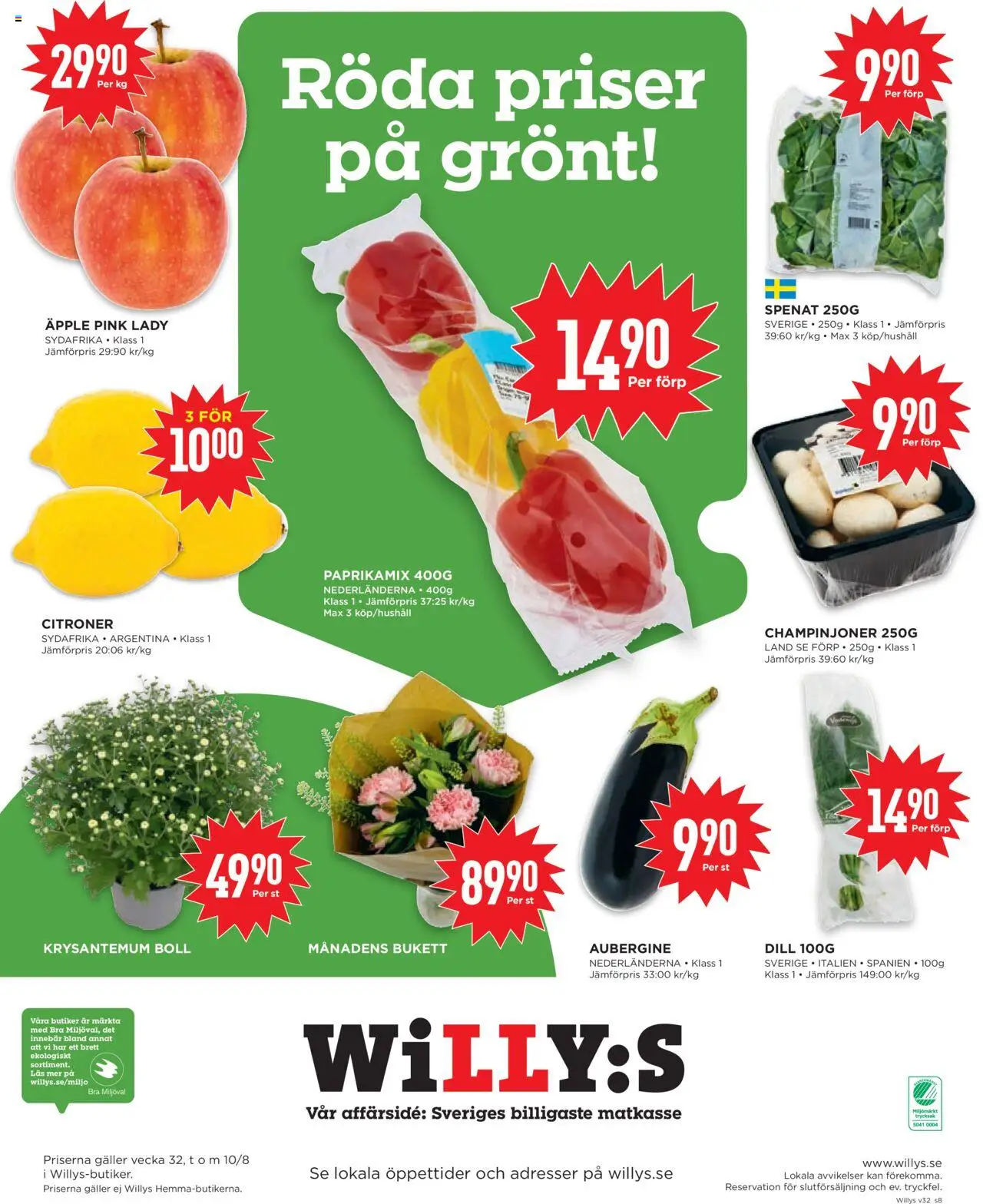 Willys reklamblad aktuell från 04.08.2025 | Sida: 8 | Produkter: Spenat, Champinjoner, Äpple, Aubergine