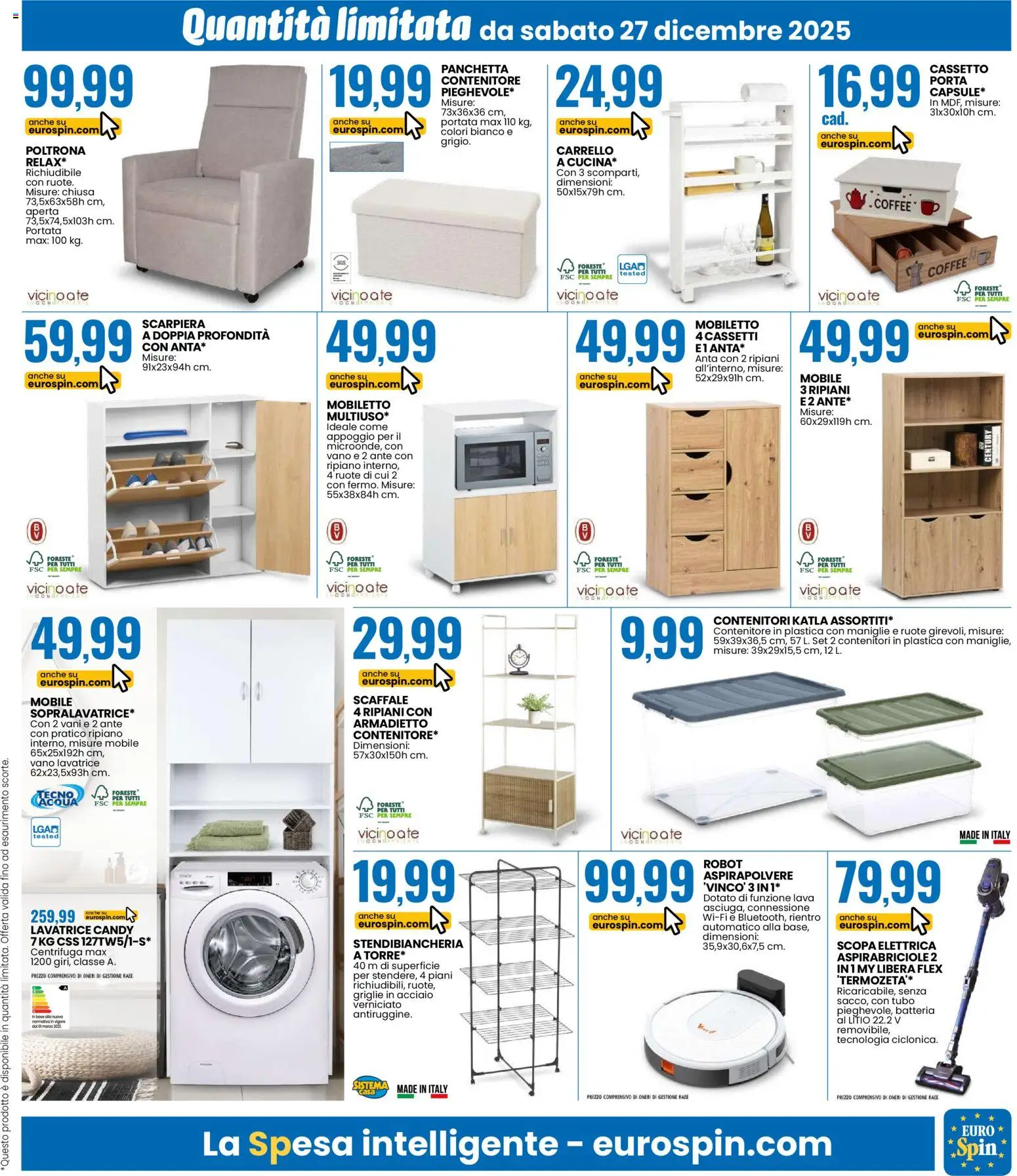 Volantino Eurospin del 27.12.2025 | Pagina: 7 | Prodotti: Mobile, Centrifuga, Scarpiera, Poltrona