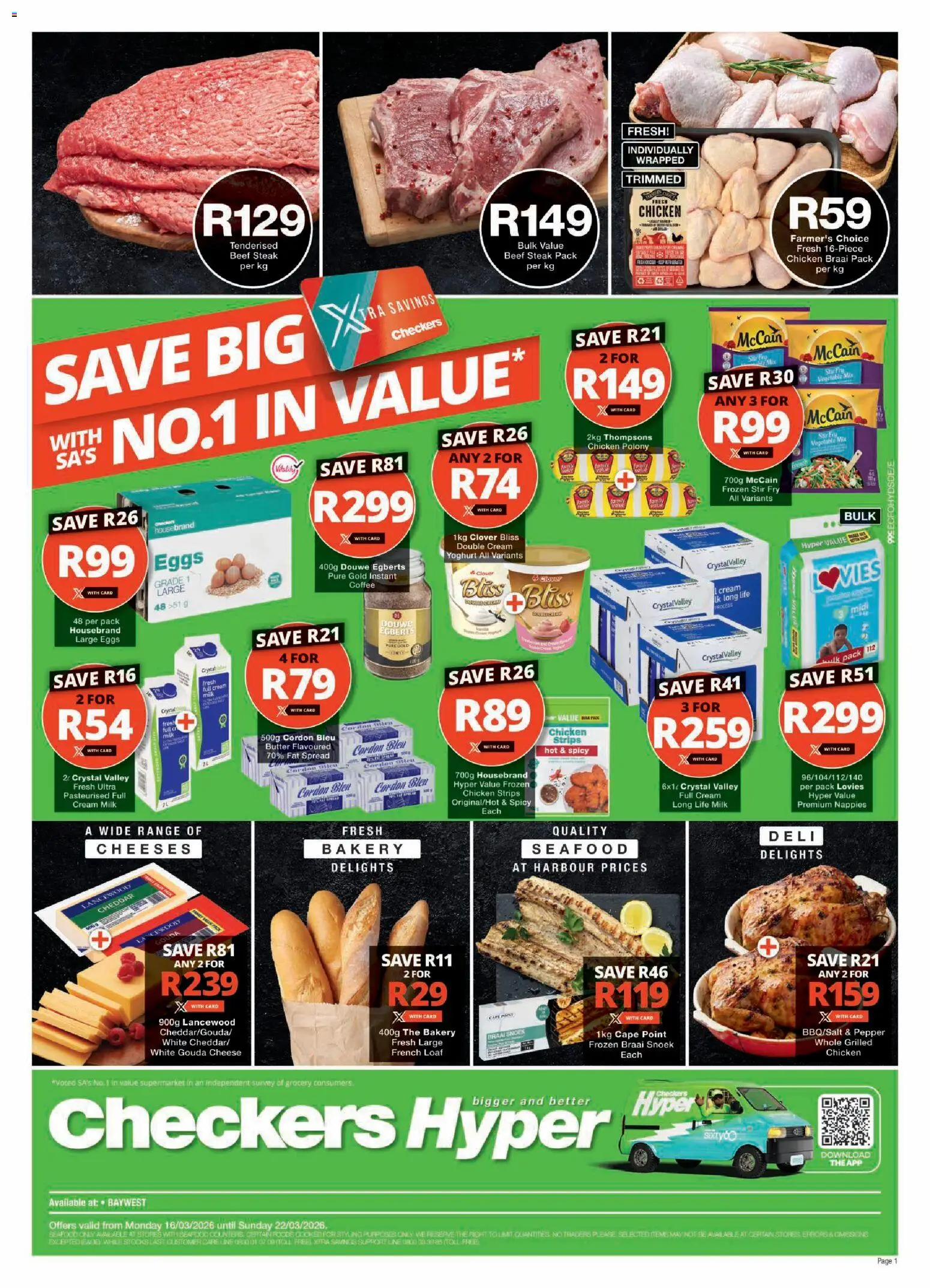 New Checkers catalogue – valid from 16.03.2026 | Page: 1 | Products: Steak, Eggs, Pepper, Seafood