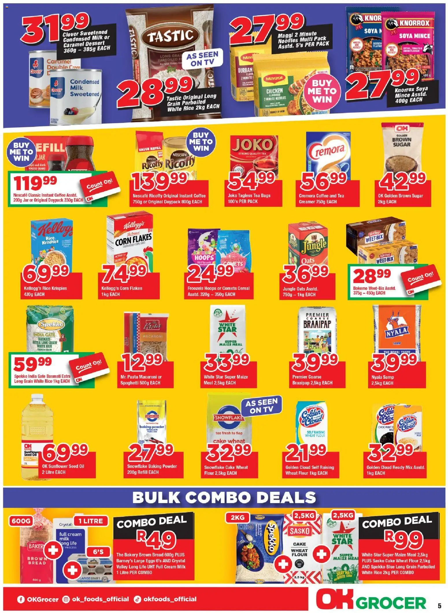 New OK Foods catalogue – valid from 25.03.2026 | Page: 5 | Products: Flour, Milk, Chicken, Noodles