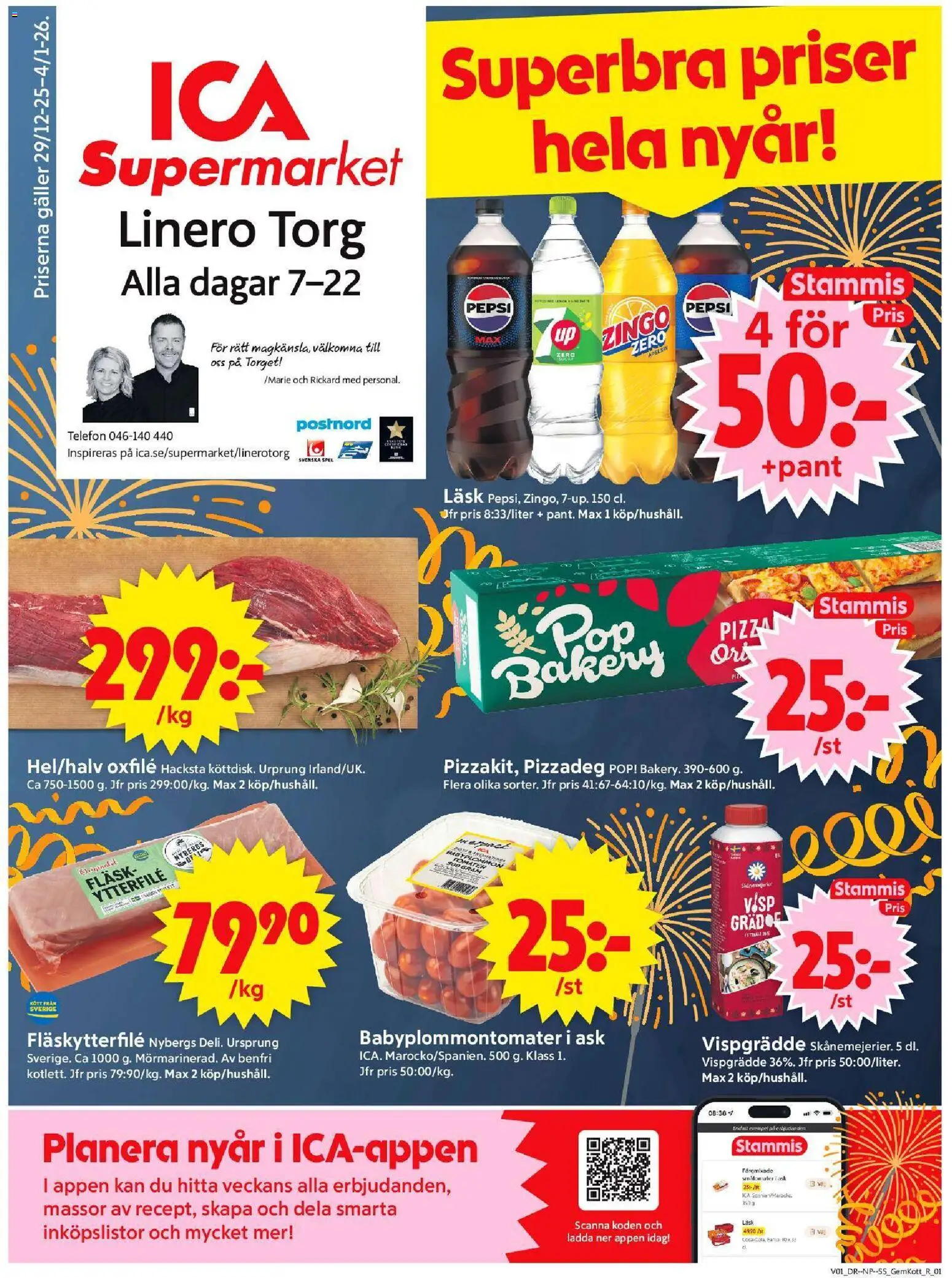 ICA Supermarket reklamblad aktuell från 30.12.2025 | Sida: 1 | Produkter: Fläsk, Tomater, Telefon, Vispgrädde