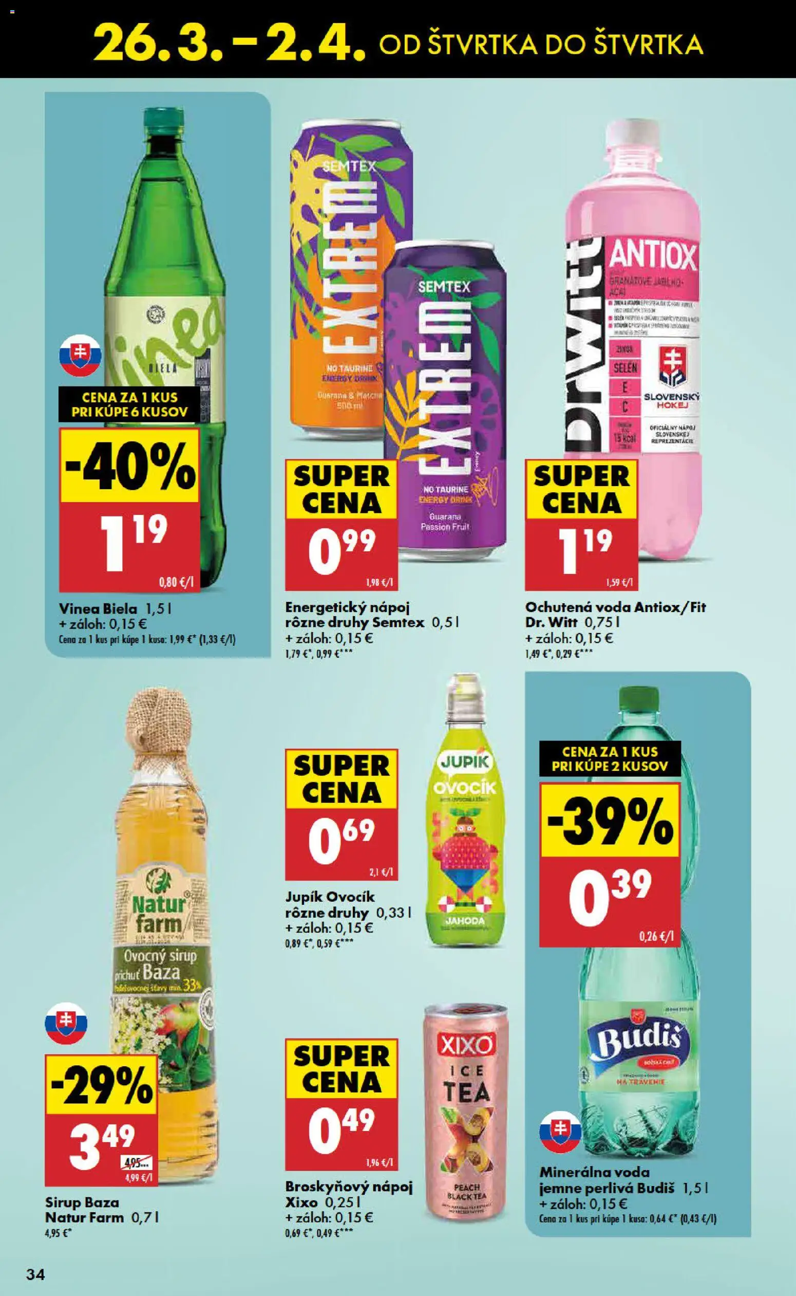 Nové Biedronka akcie – leták je platný od 26.03.2026 | Strana: 34 | Produkty: Budiš, Minerálna voda, Energetický nápoj, Vinea