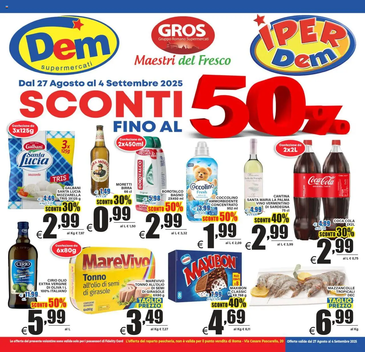 Volantino DEM del 27.08.2025 | Pagina: 1 | Prodotti: Ammorbidente, Mazzancolle, Bagno, Coca Cola