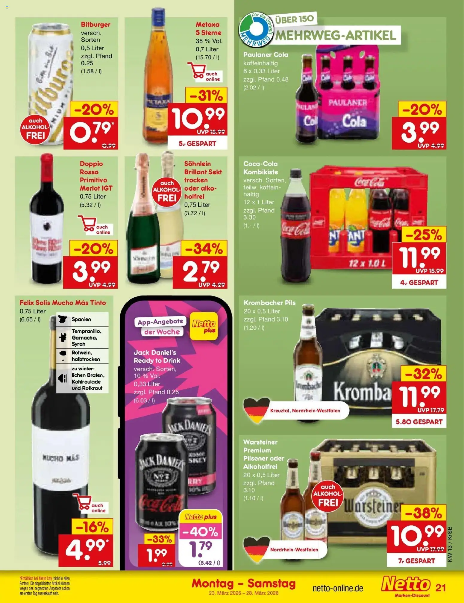 Netto Marken-Discount Prospekt Jüchen	 – gültig ab 23.03.2026 | Seite: 23 | Produkte: Pils, Metaxa, Warsteiner, Paulaner