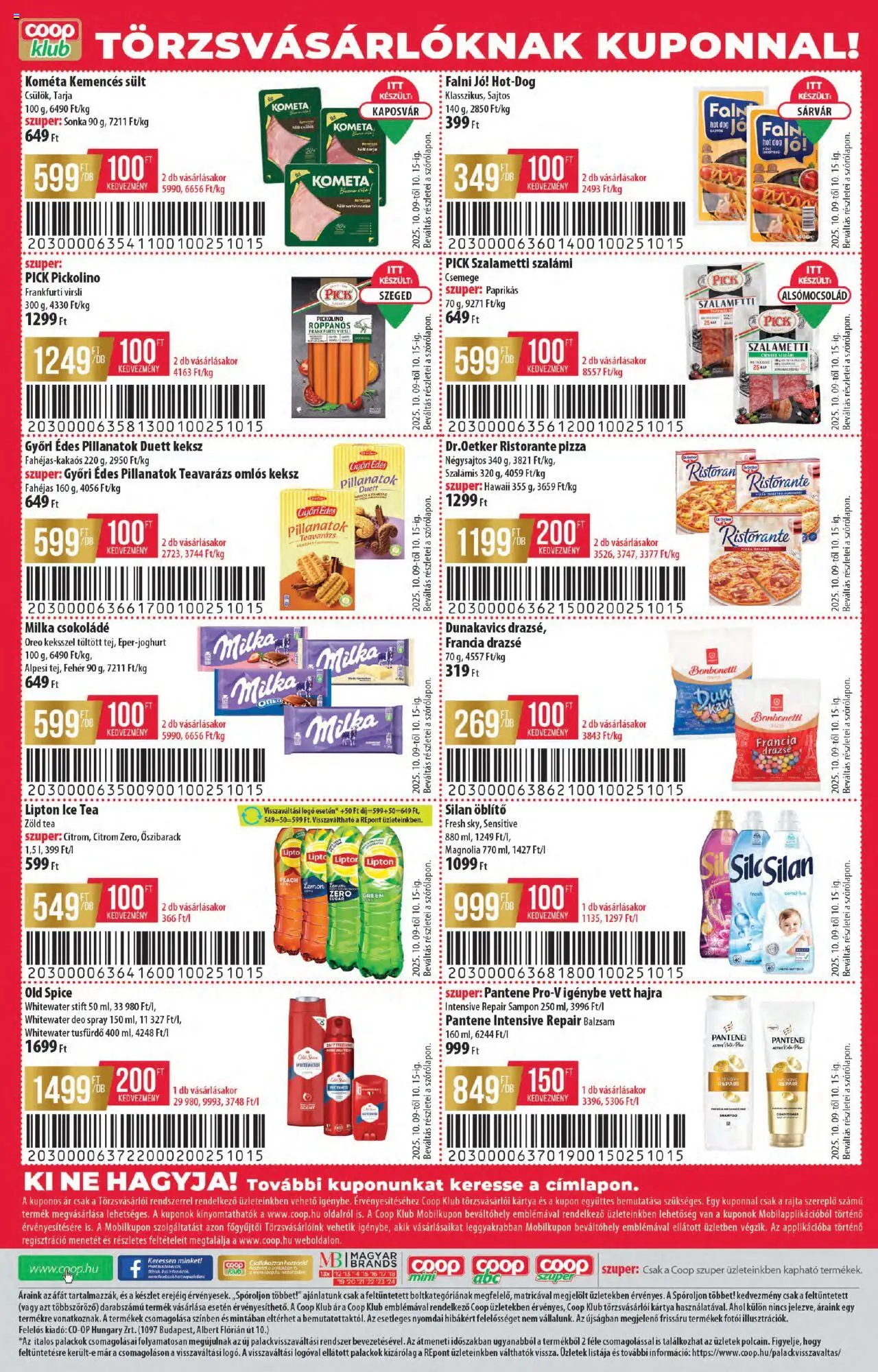 COOP akciós ujság - amely érvényes a következő dátumtól: 09.10.2025 | Oldal: 8 | Termékek: Sonka, Csokoládé, Pizza, Tea