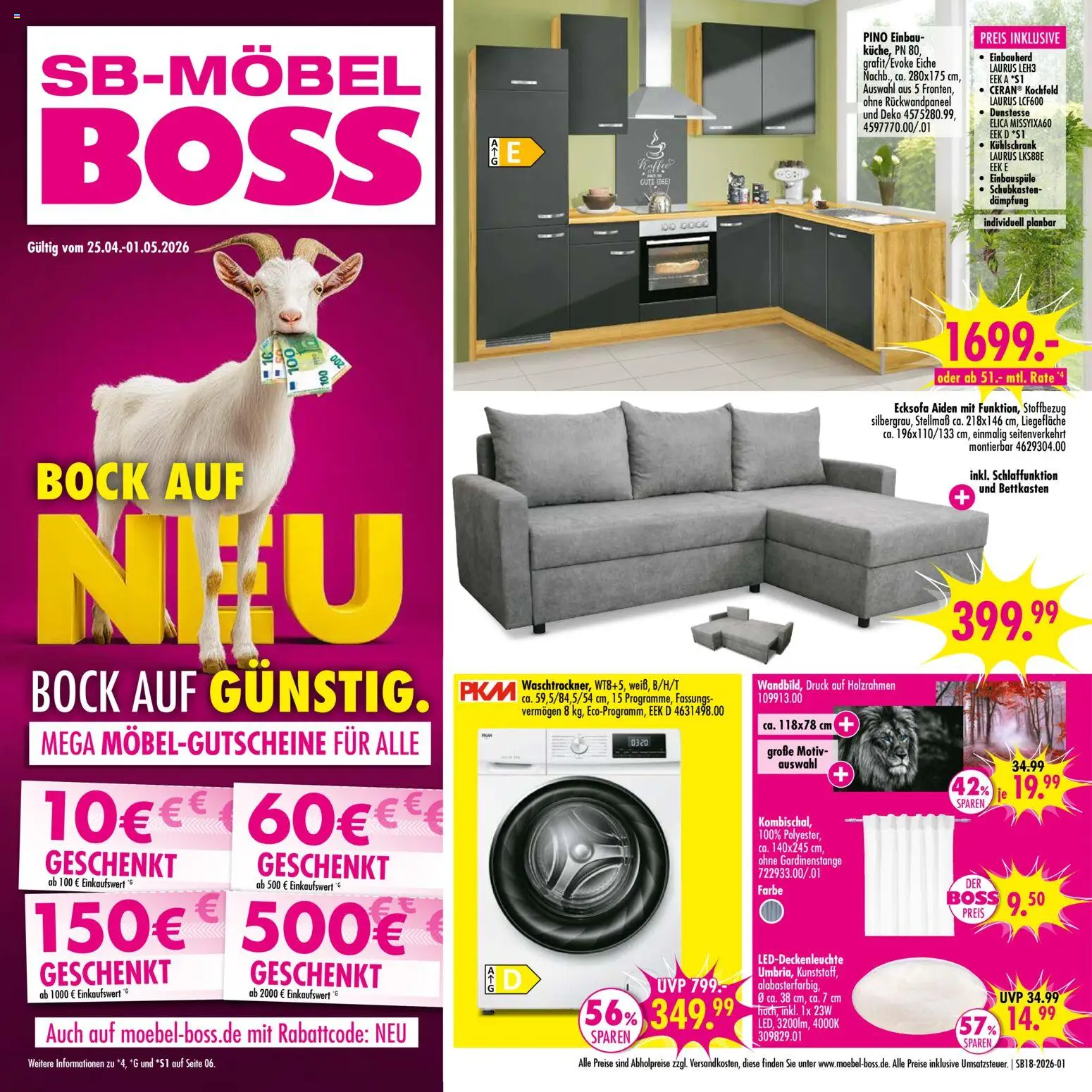 SB Möbel Boss Prospekt 	 – gültig ab 25.04.2026 | Seite: 1 | Produkte: Ecksofa, Kühlschrank, Kochfeld