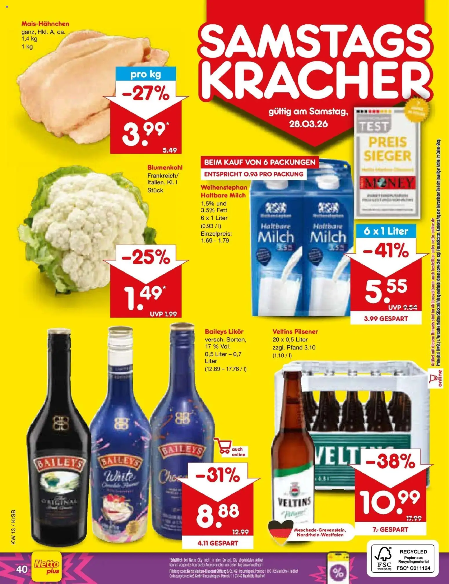 Netto Marken-Discount Prospekt Jüchen	 – gültig ab 23.03.2026 | Seite: 52 | Produkte: Likör, Haltbare milch, Baileys, Blumenkohl