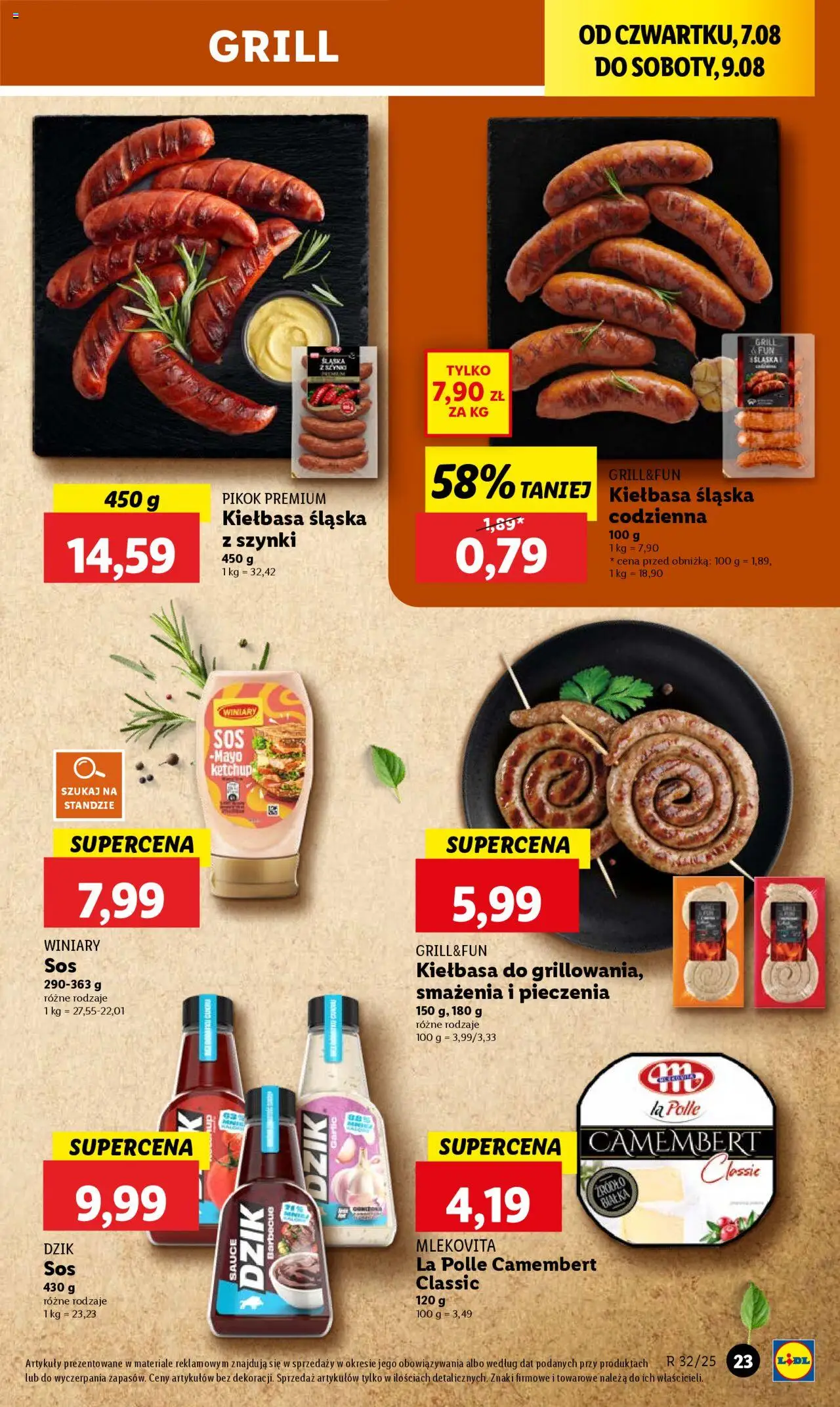 Lidl Gazetka od 07.08.2025 | Strona: 27 | Produkty: Grill, Camembert, Kiełbasa śląska, Sos