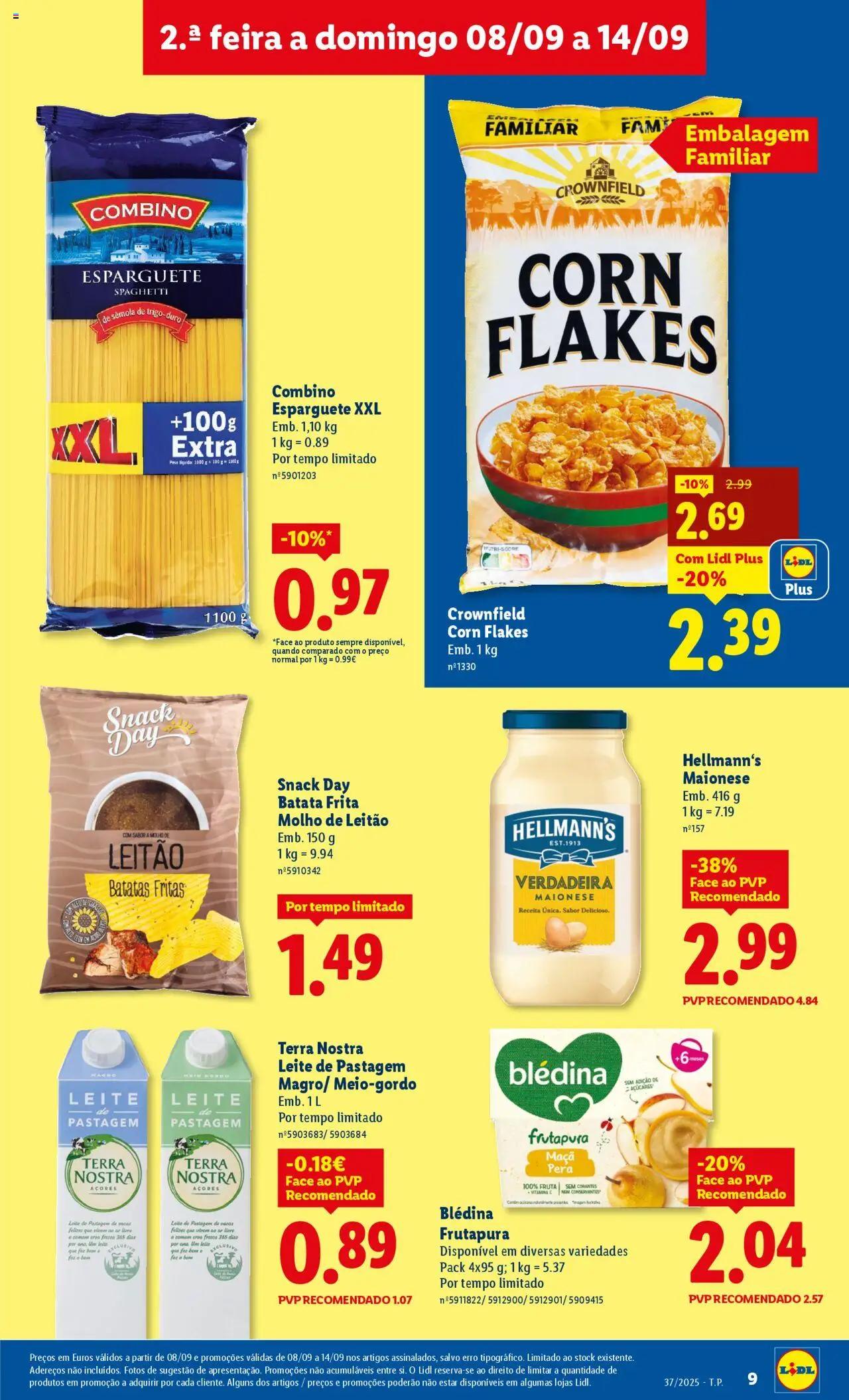 Lidl folheto │ válido de 08.09.2025 | Página: 9 | Produtos: Esparguete, Leite, Maça, Batatas fritas