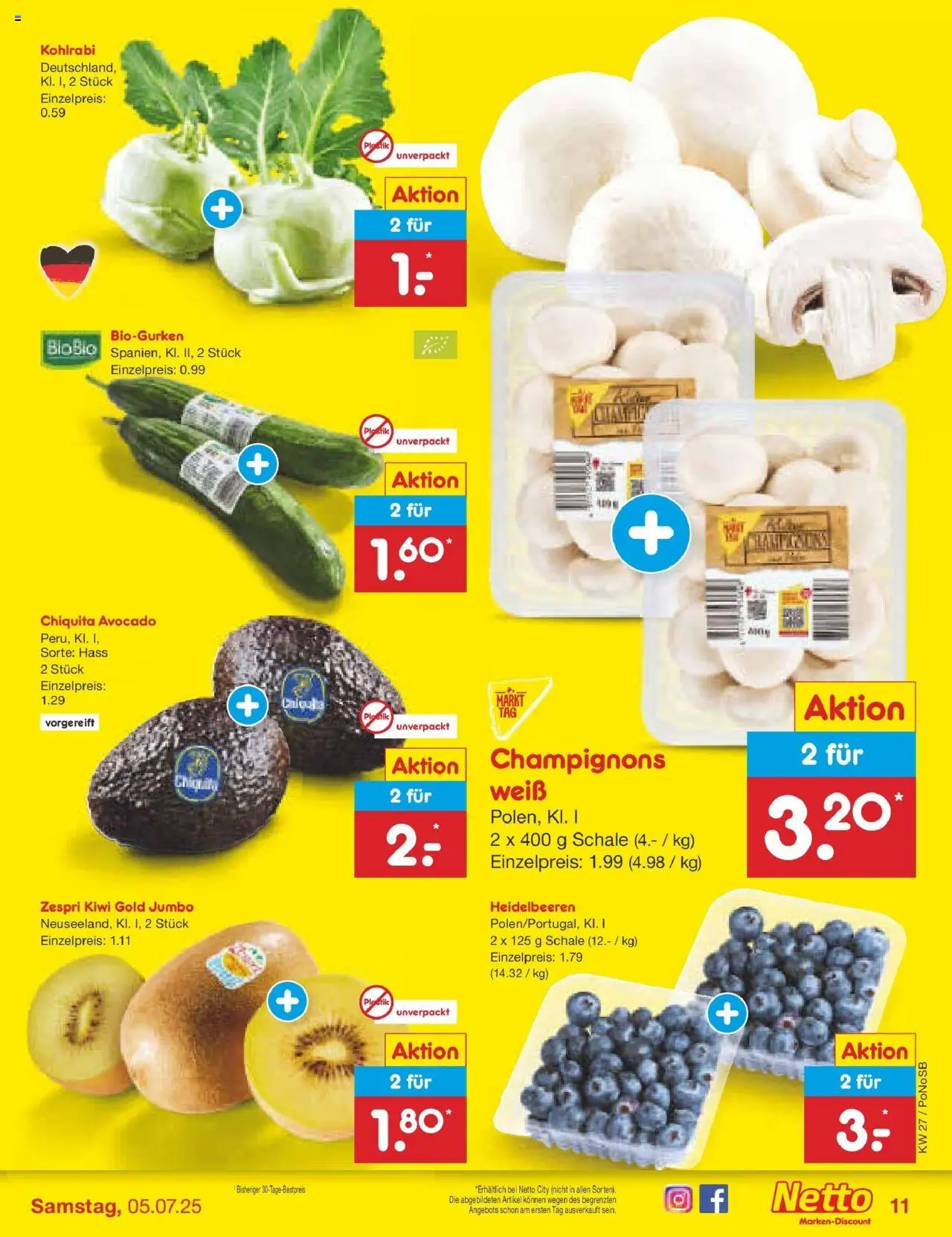 Netto Marken-Discount prospekt Amberg	 - gültig ab dem 29.06.2025 | Seite: 13 | Produkte: Kohlrabi, Heidelbeeren, Champignons, Kiwi