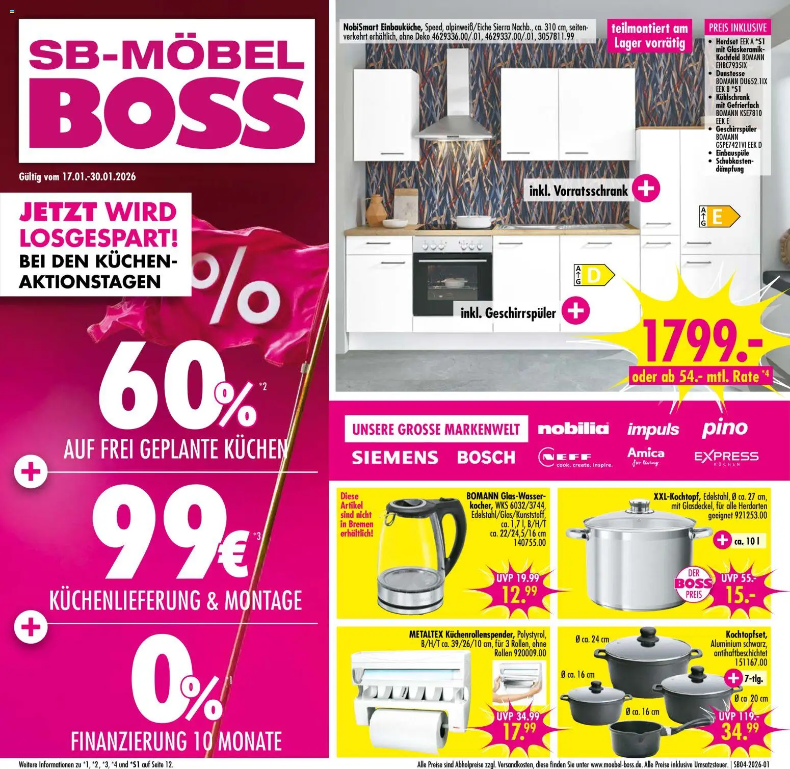 SB Möbel Boss Prospekt 	 – gültig ab 17.01.2026 | Seite: 1 | Produkte: Bosch, Siemens, Geschirrspüler, Kühlschrank
