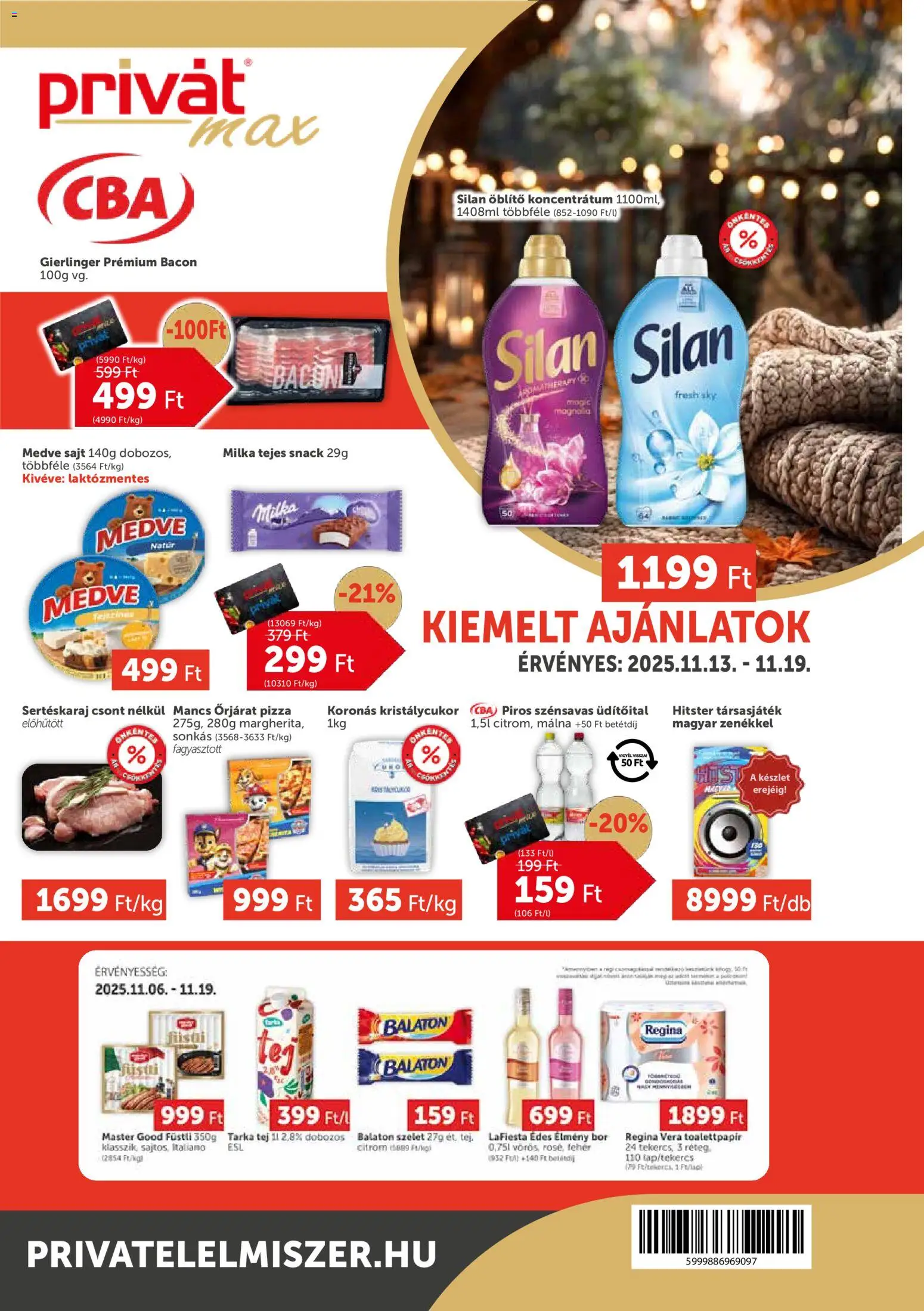 PRIVÁT akciós ujság - amely érvényes a következő dátumtól: 13.11.2025 | Oldal: 1 | Termékek: Kristálycukor, Sajt, Pizza, Társasjáték