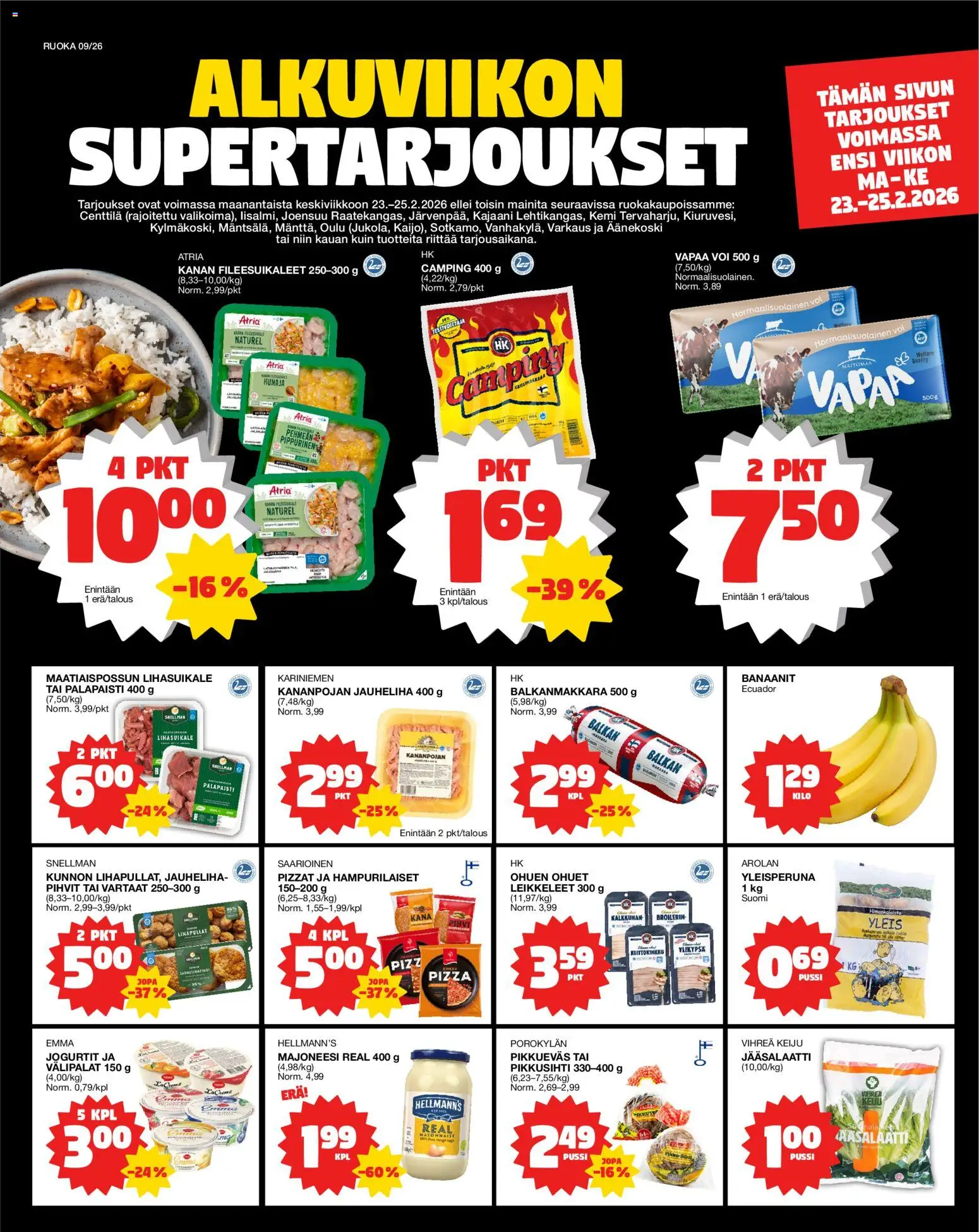 Tokmanni Ruokatarjoukset – voimassa 23.02.2026 alkaen | Sivu: 1 | Tuotteet: Vartaat, Majoneesi, Jauheliha, Kana